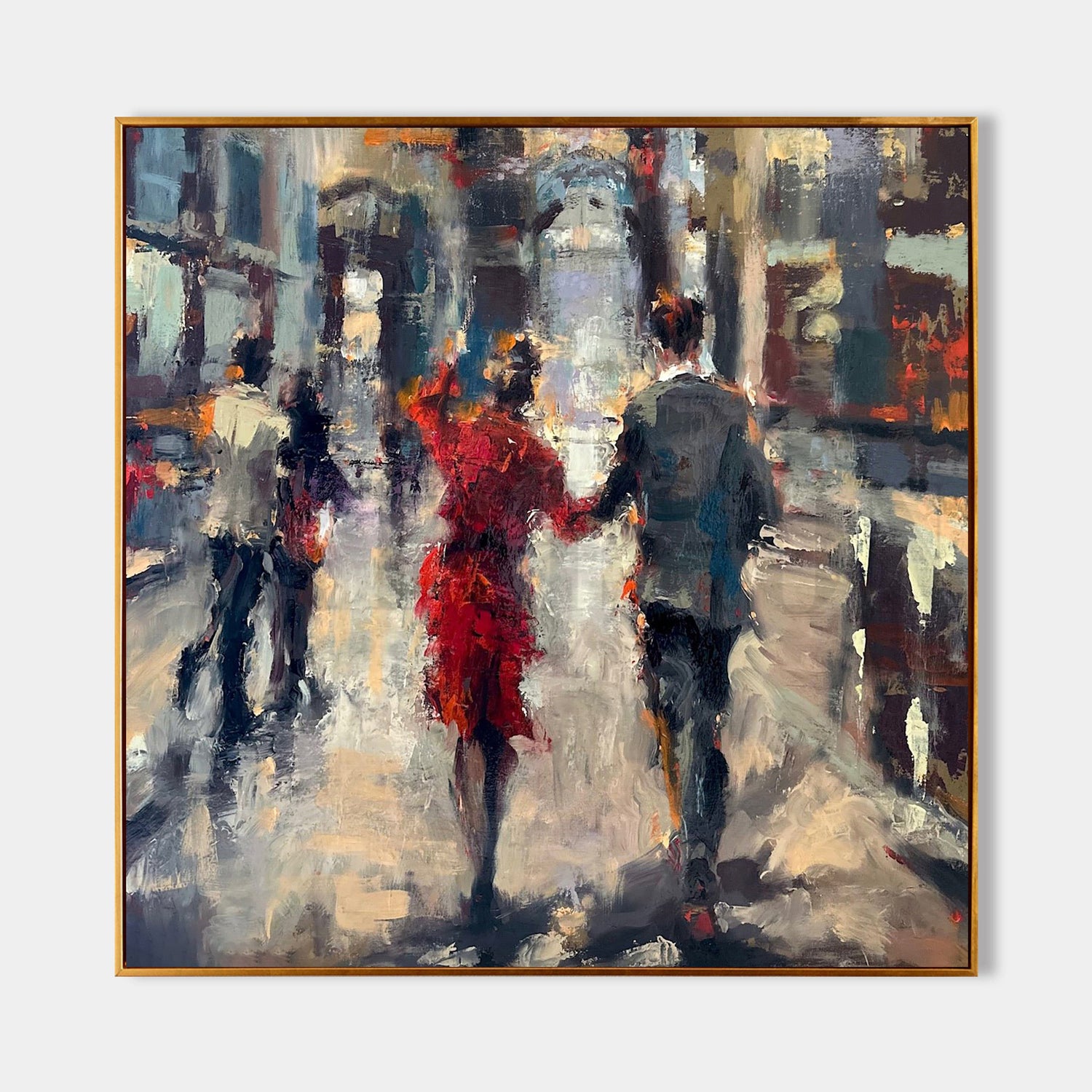 a painting of people walking down a city street