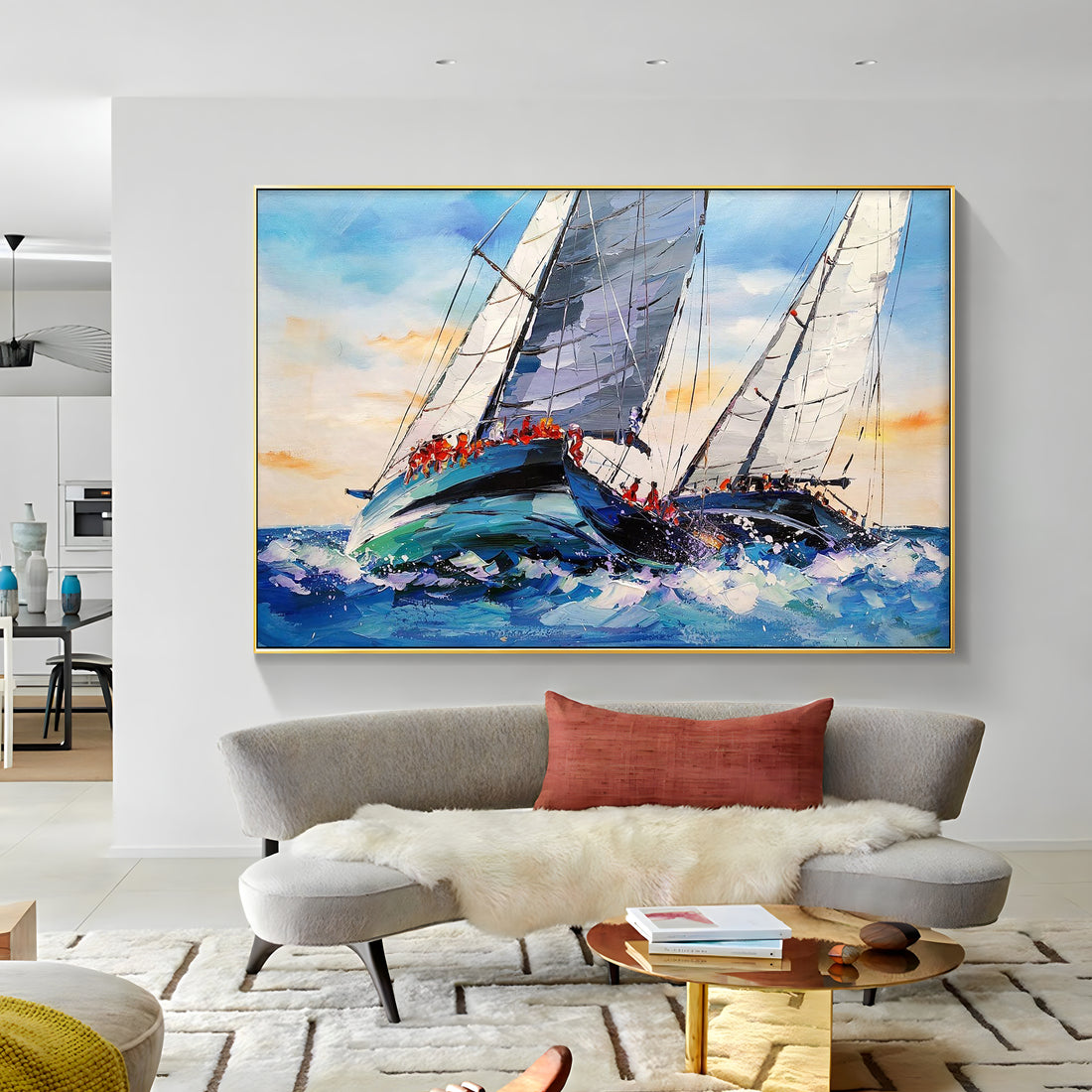 a painting of a sailboat in a living room