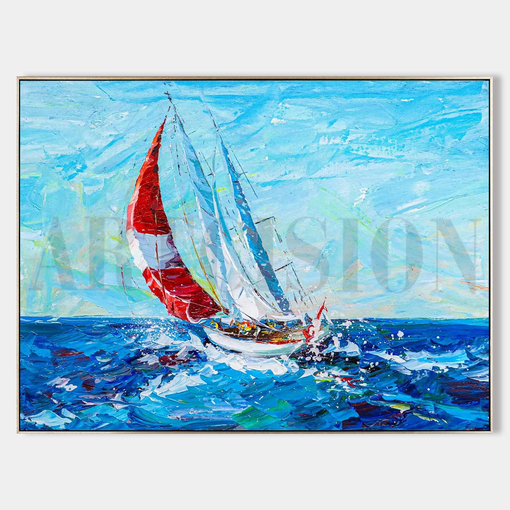 a painting of a sailboat in the ocean