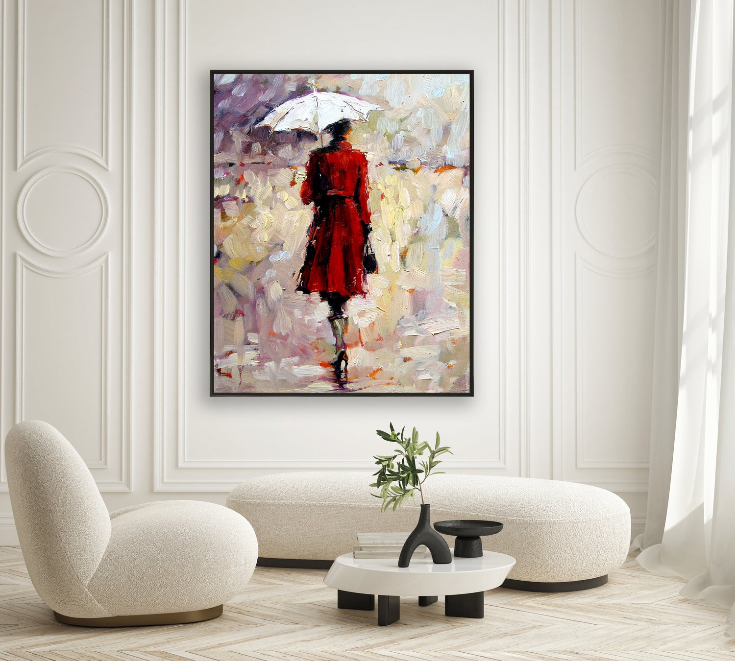 a painting of a woman in a red coat holding an umbrella