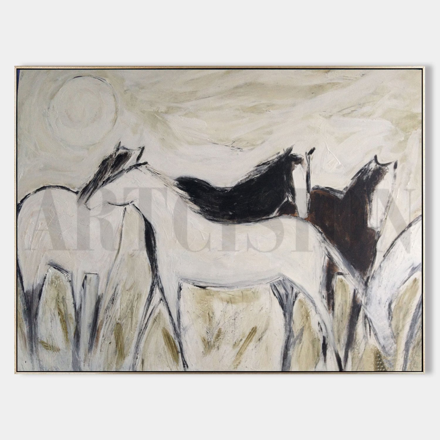 a painting of three horses in a field