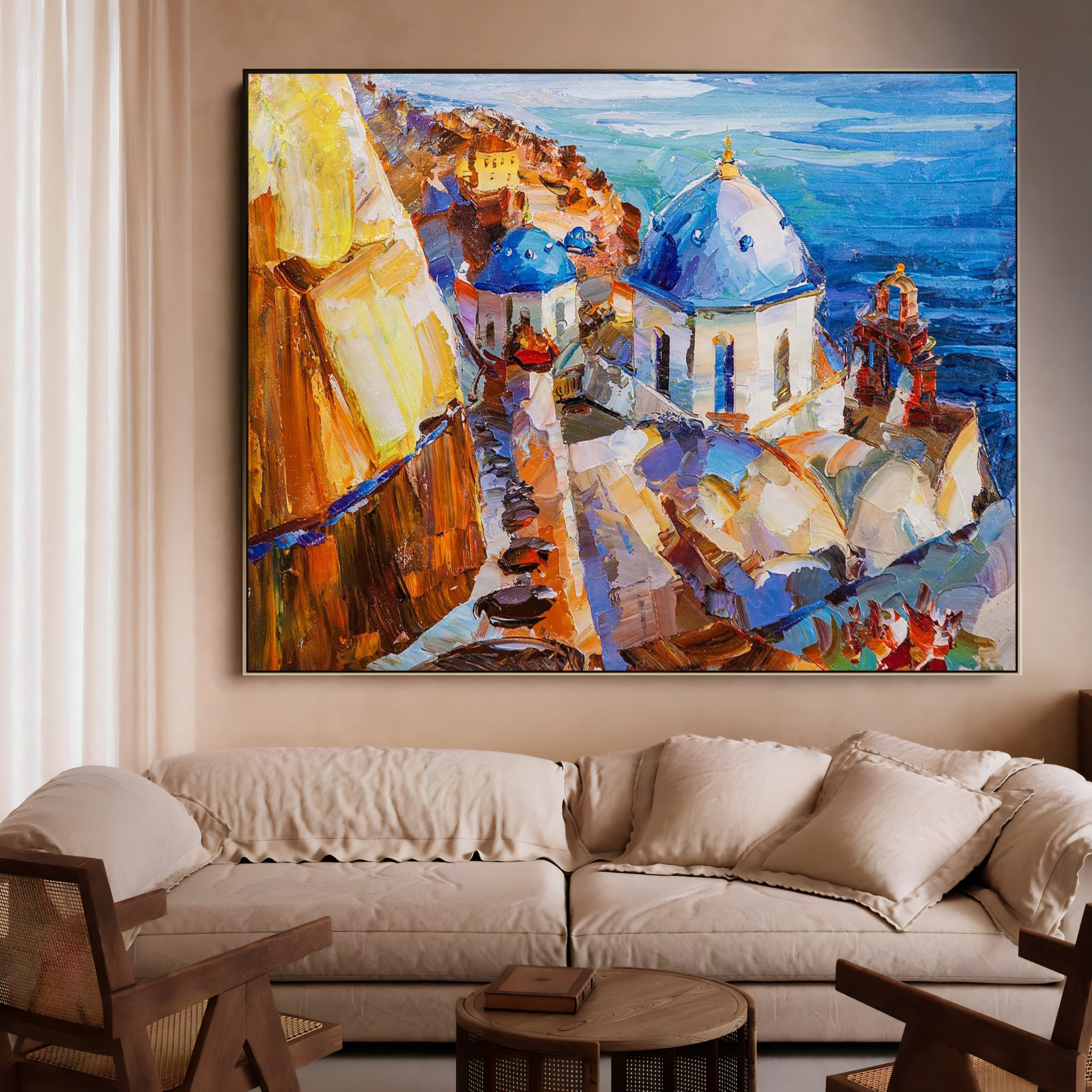 a living room with a large painting on the wall