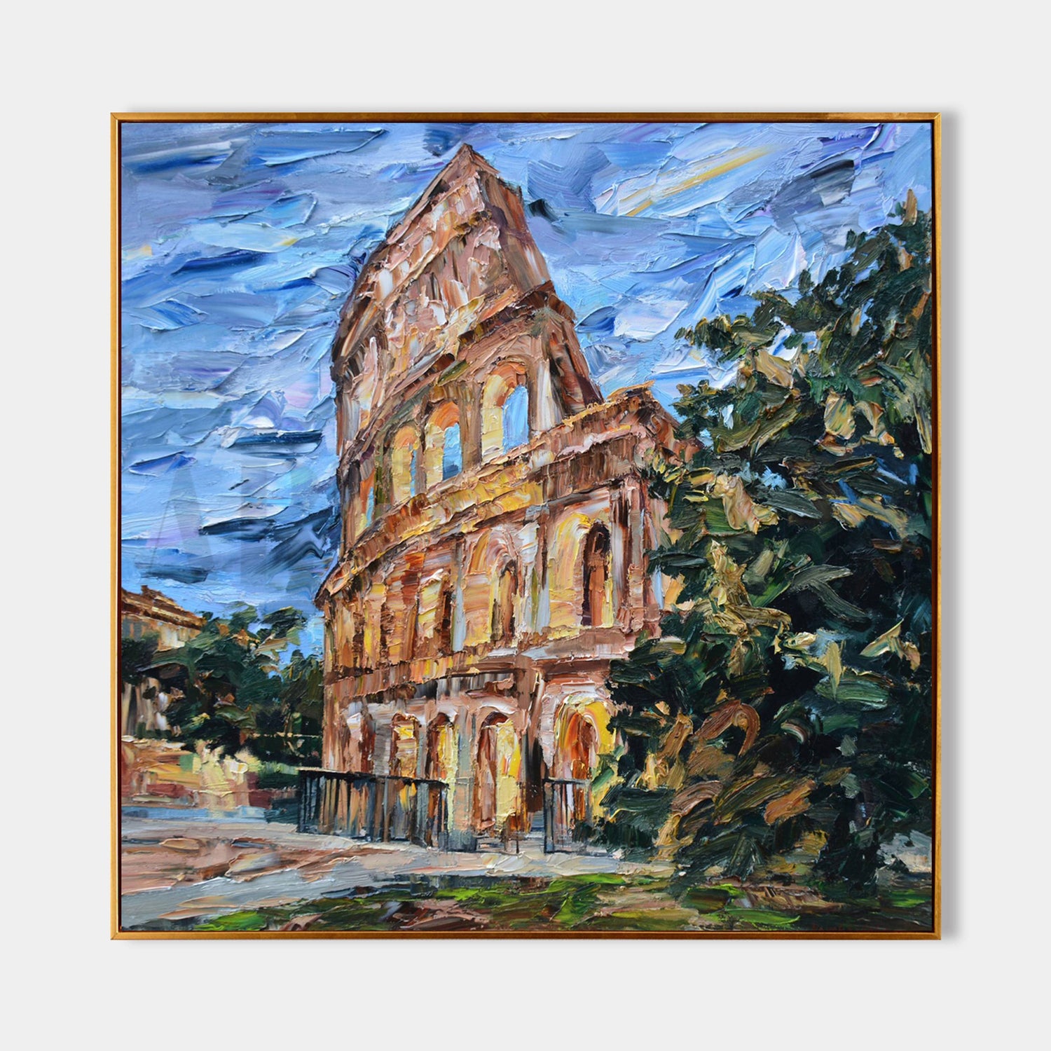 a painting of a building with a sky background