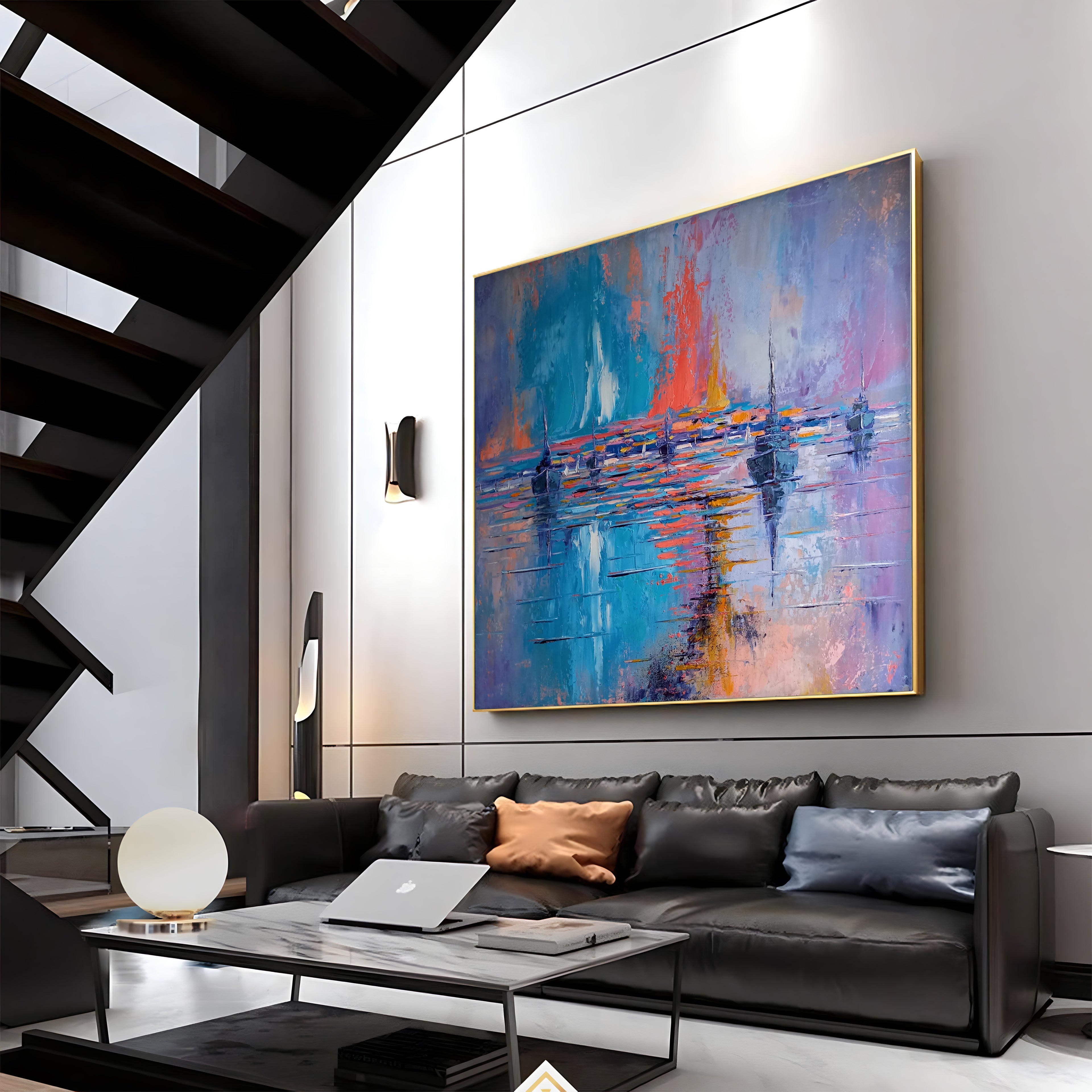 a living room filled with furniture and a painting on the wall