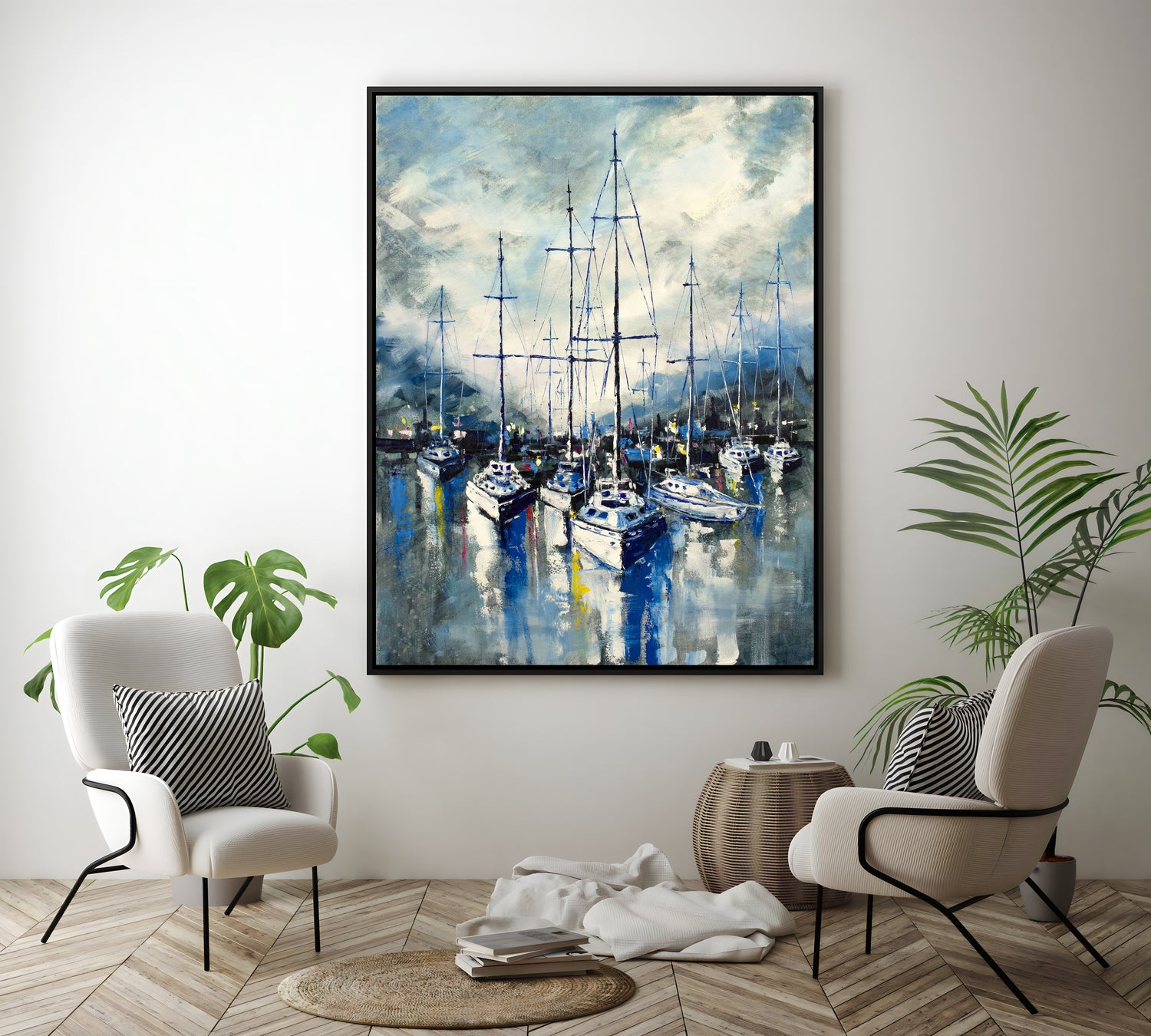 a painting of boats in a harbor on a wall