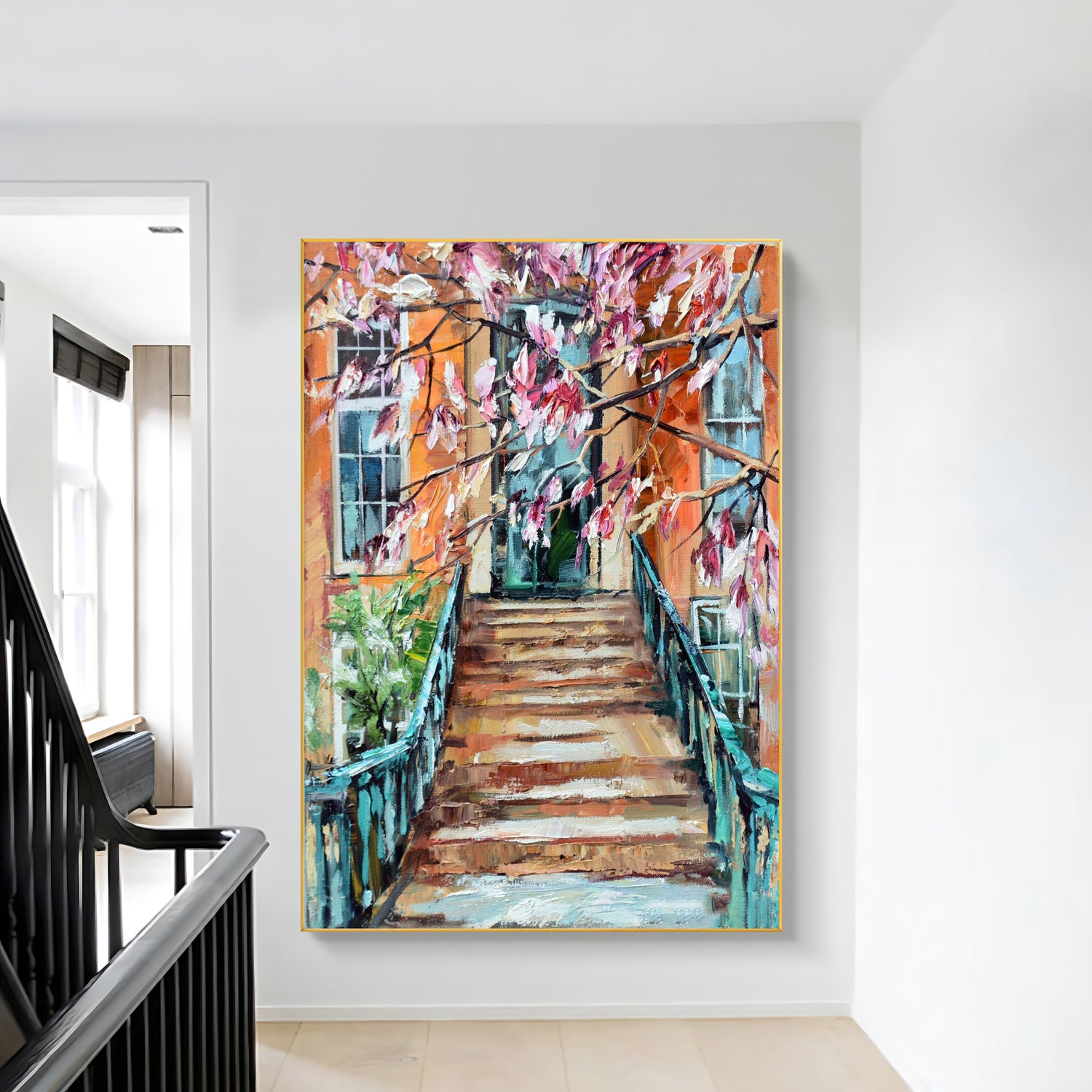 a painting of a stairway leading to a building