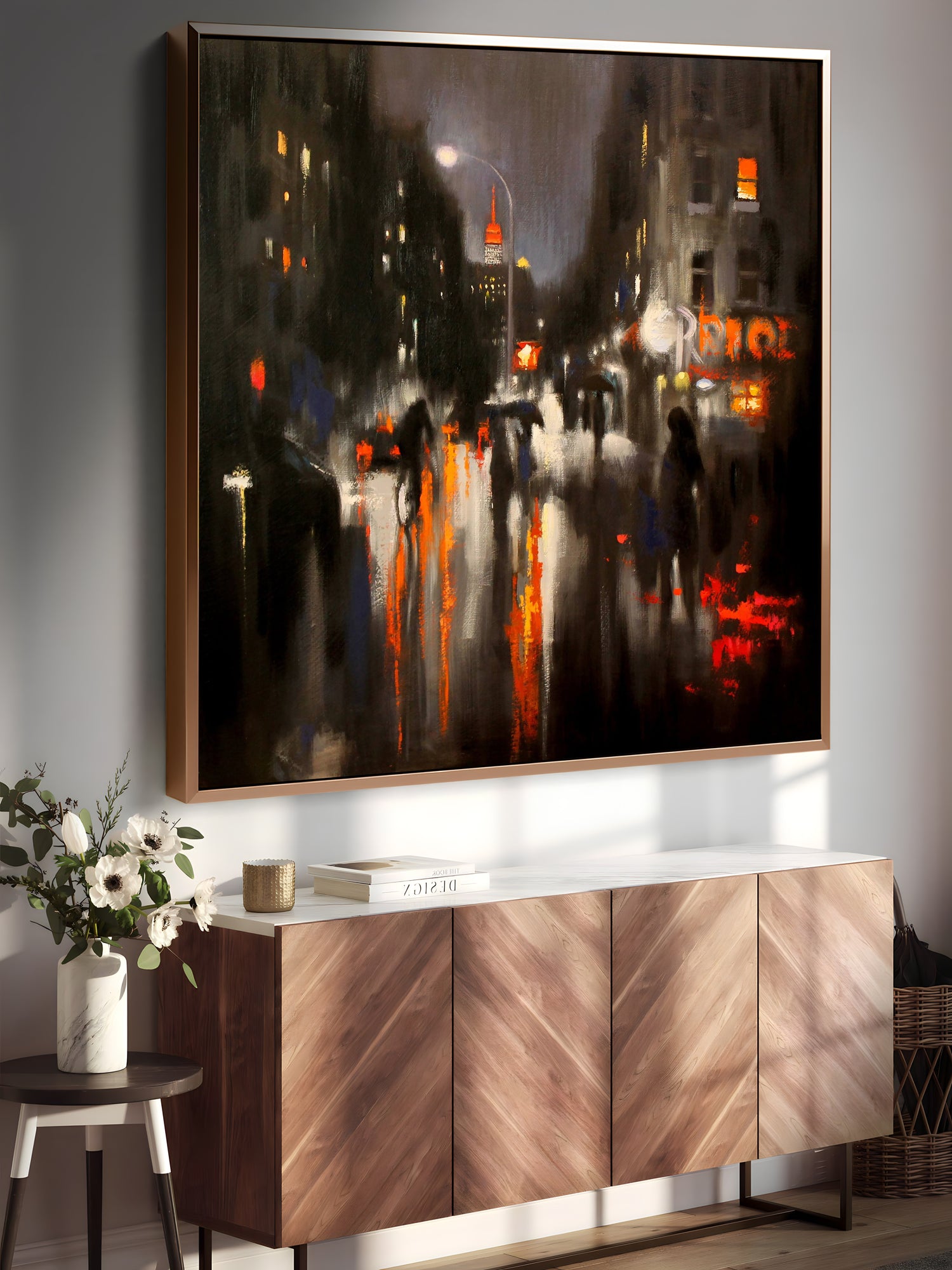 a painting hanging on the wall of a living room