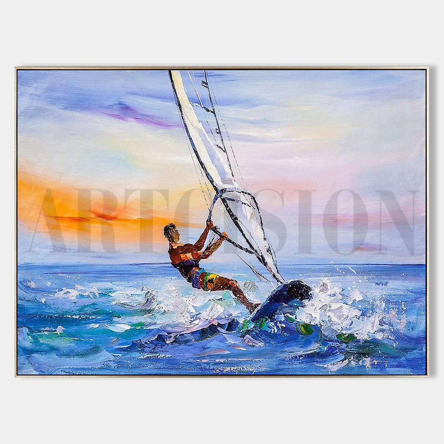 a painting of a man riding a sailboat in the ocean