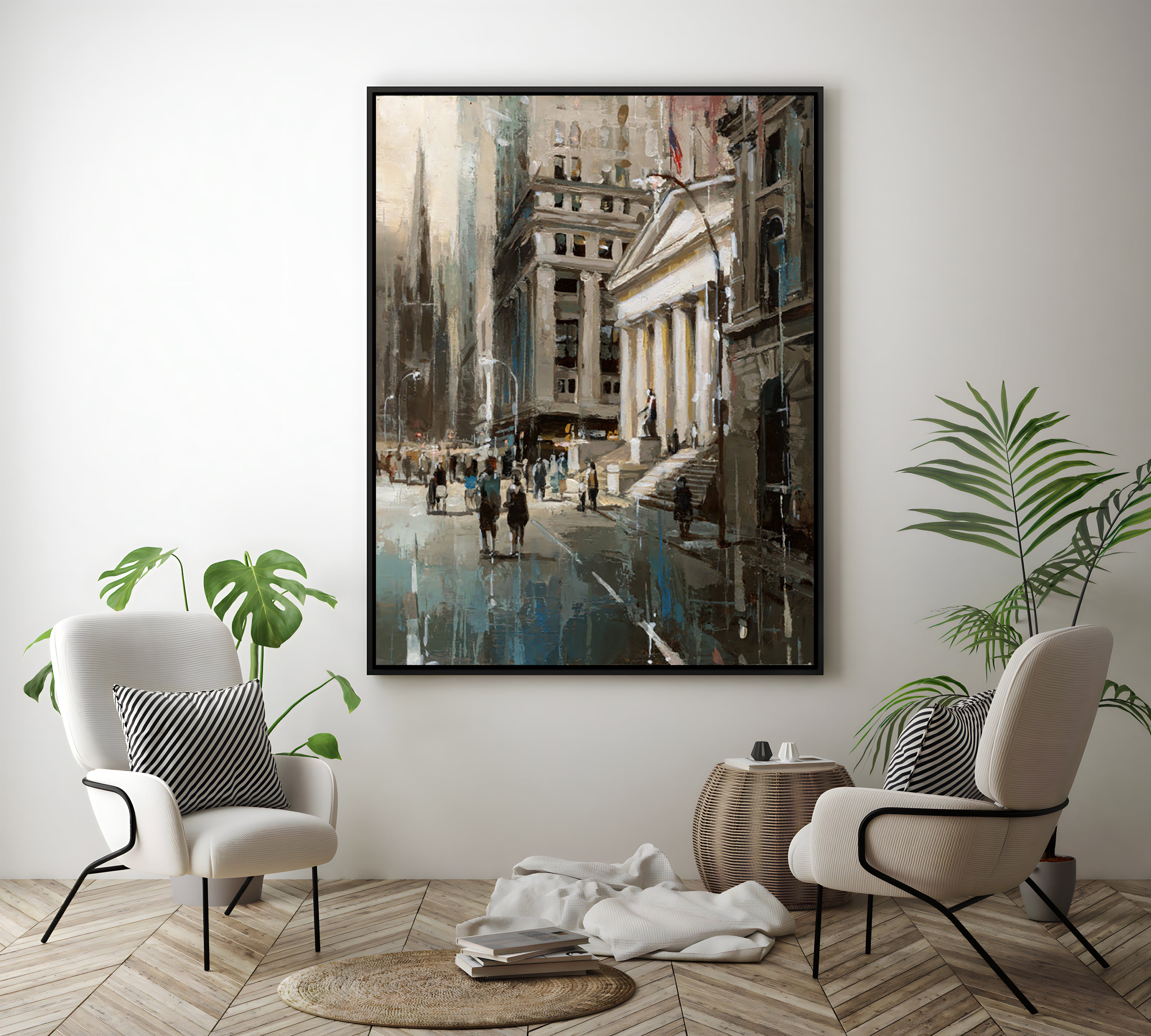 a painting of a city street with people walking by