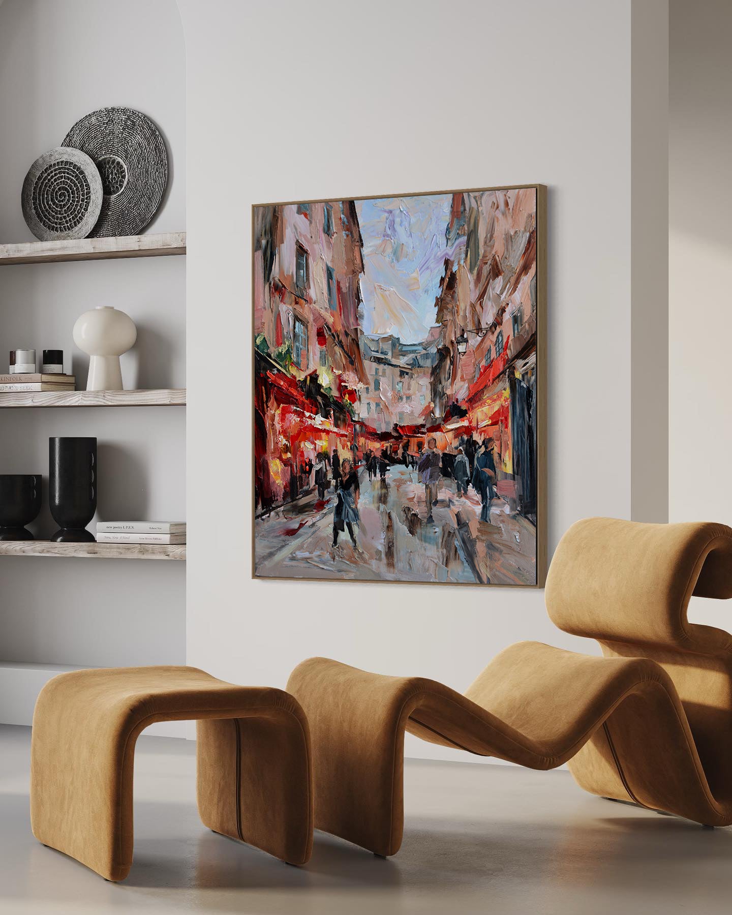 a painting of people walking down a street