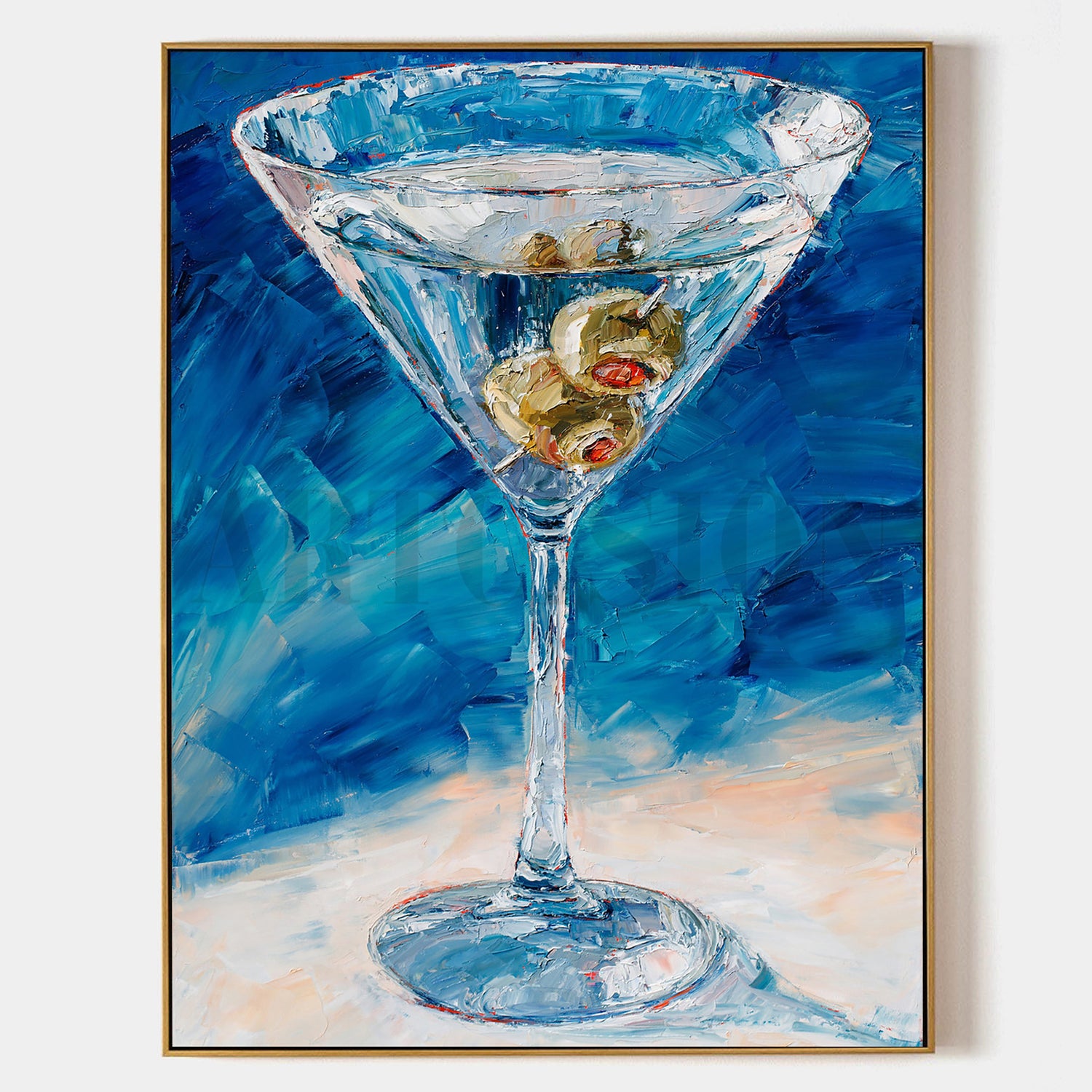 a painting of a martini glass with olives in it