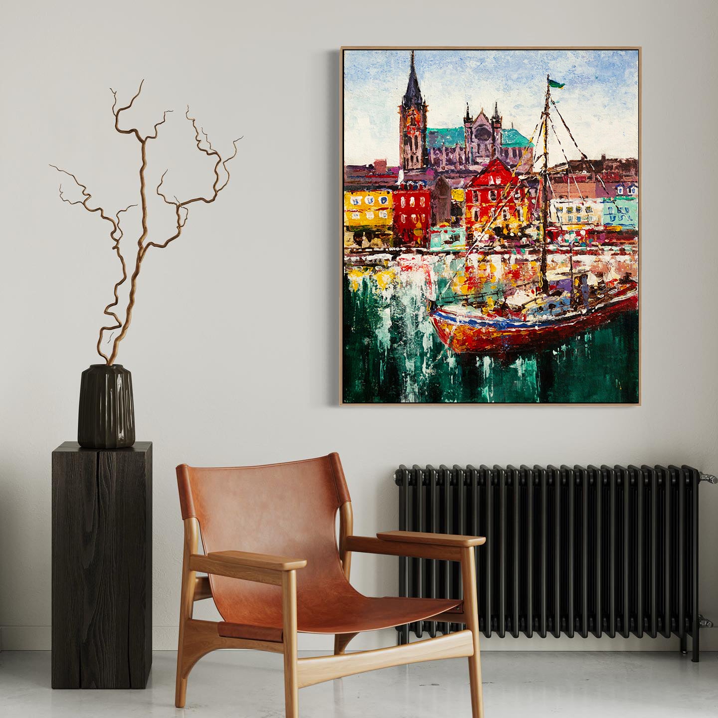 a painting of a boat in a harbor next to a radiator