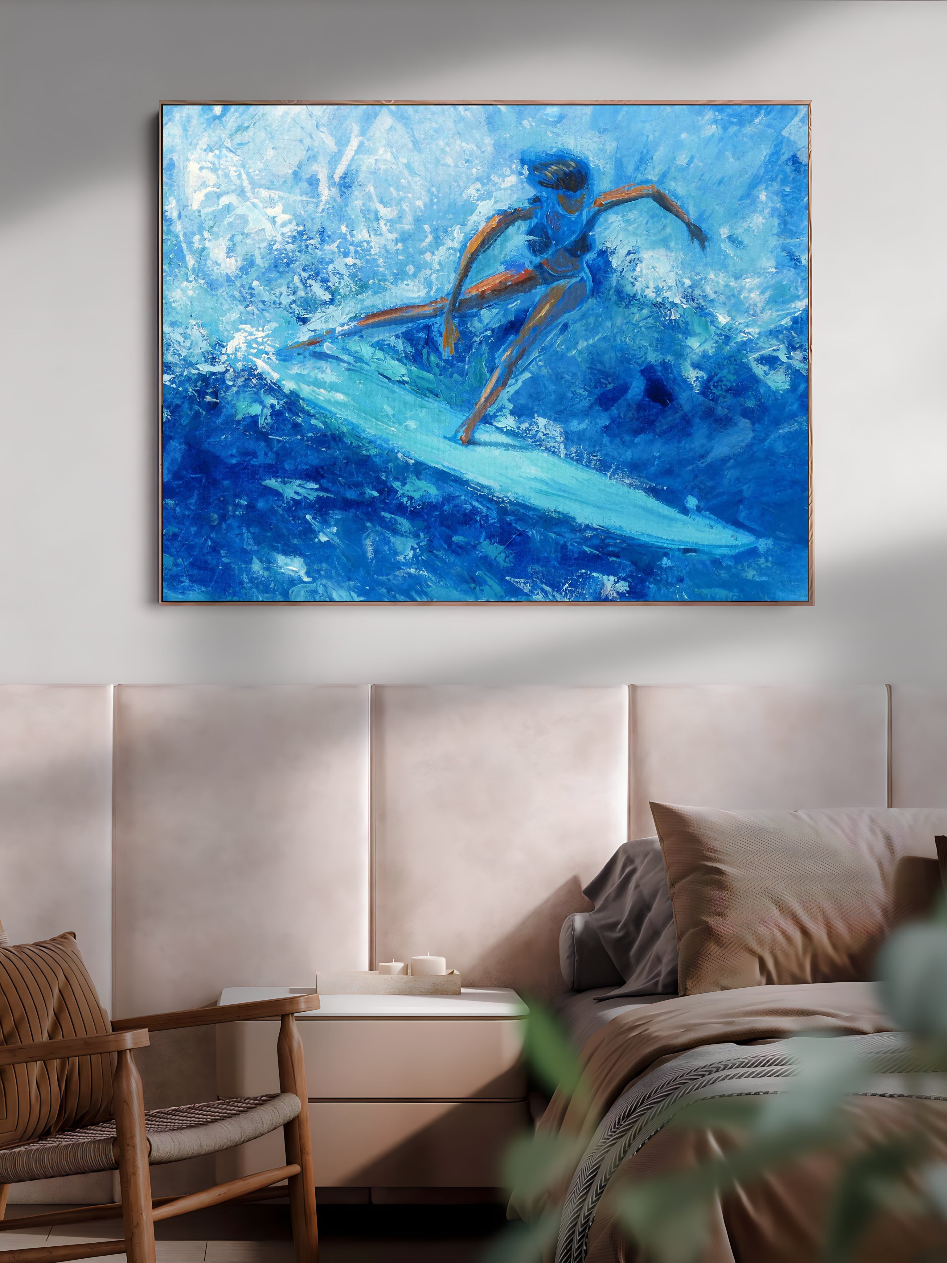 a painting of a surfer riding a wave