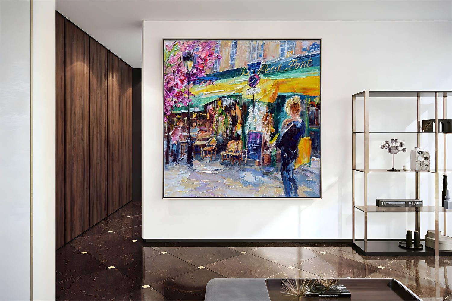 a painting hanging on a wall in a room