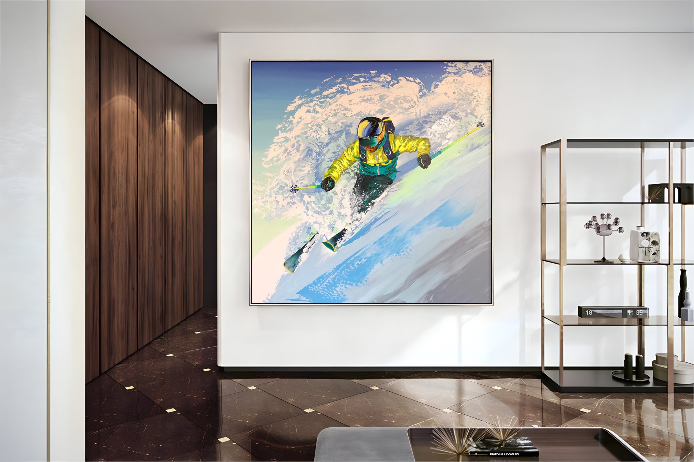 a painting of a person on skis in a room