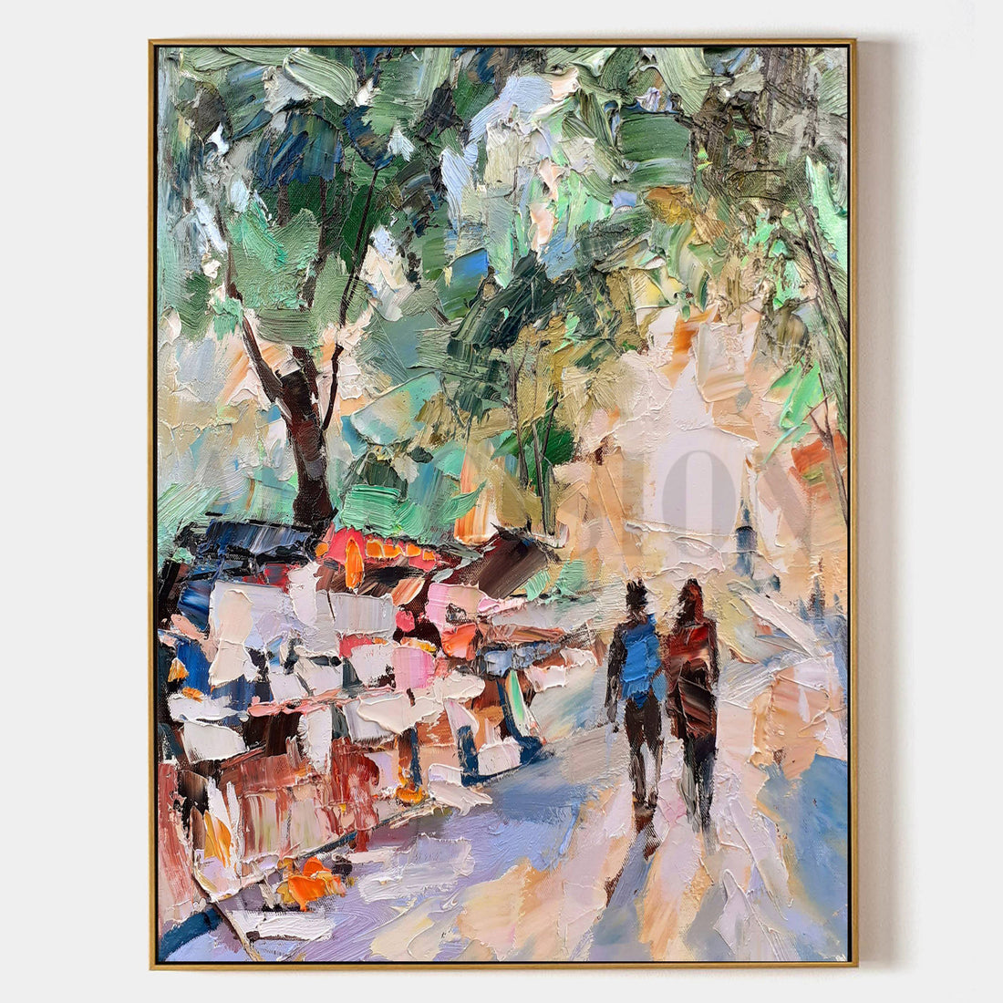 a painting of two people walking down a street