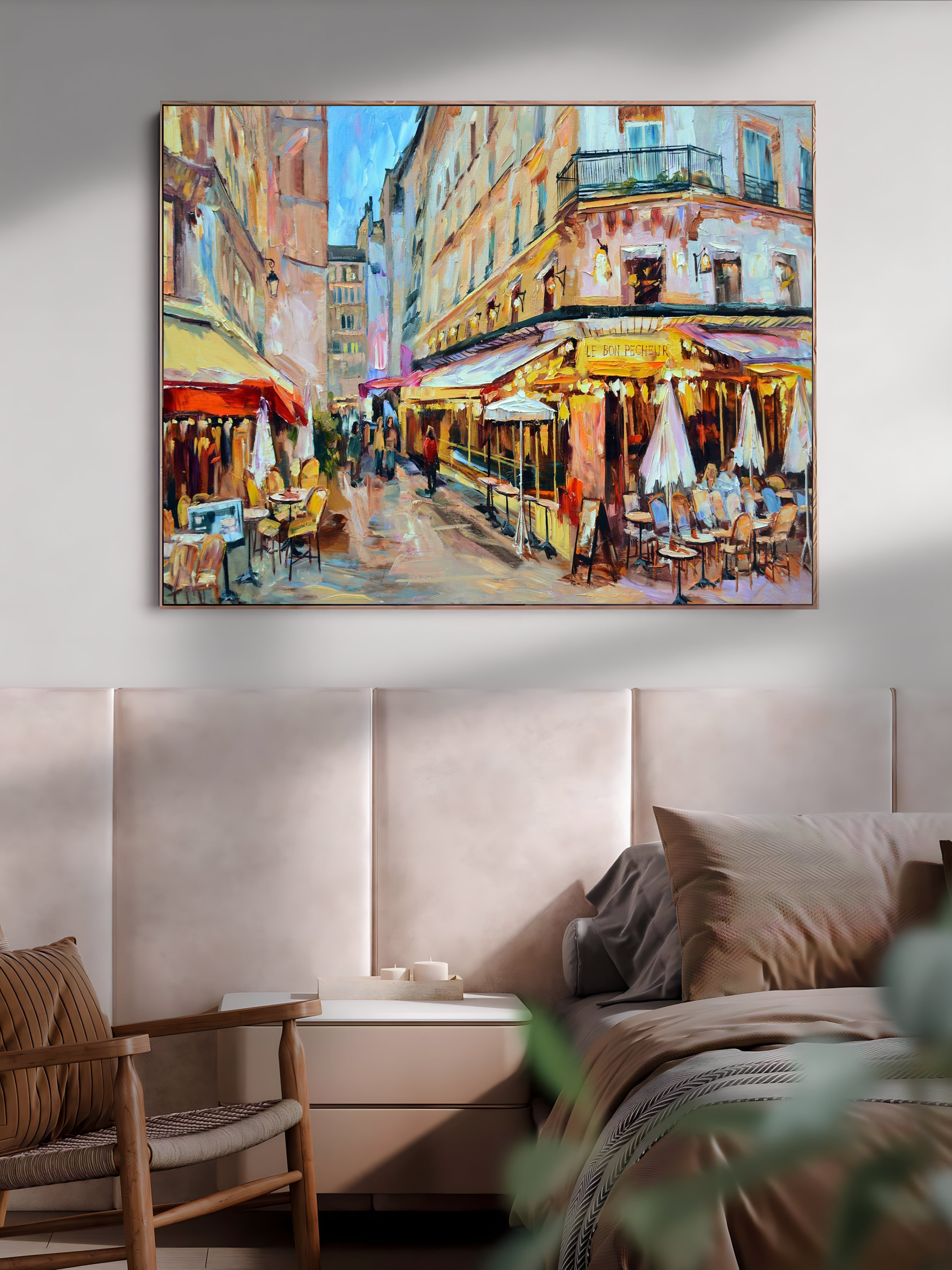 a painting of a city street with a cafe