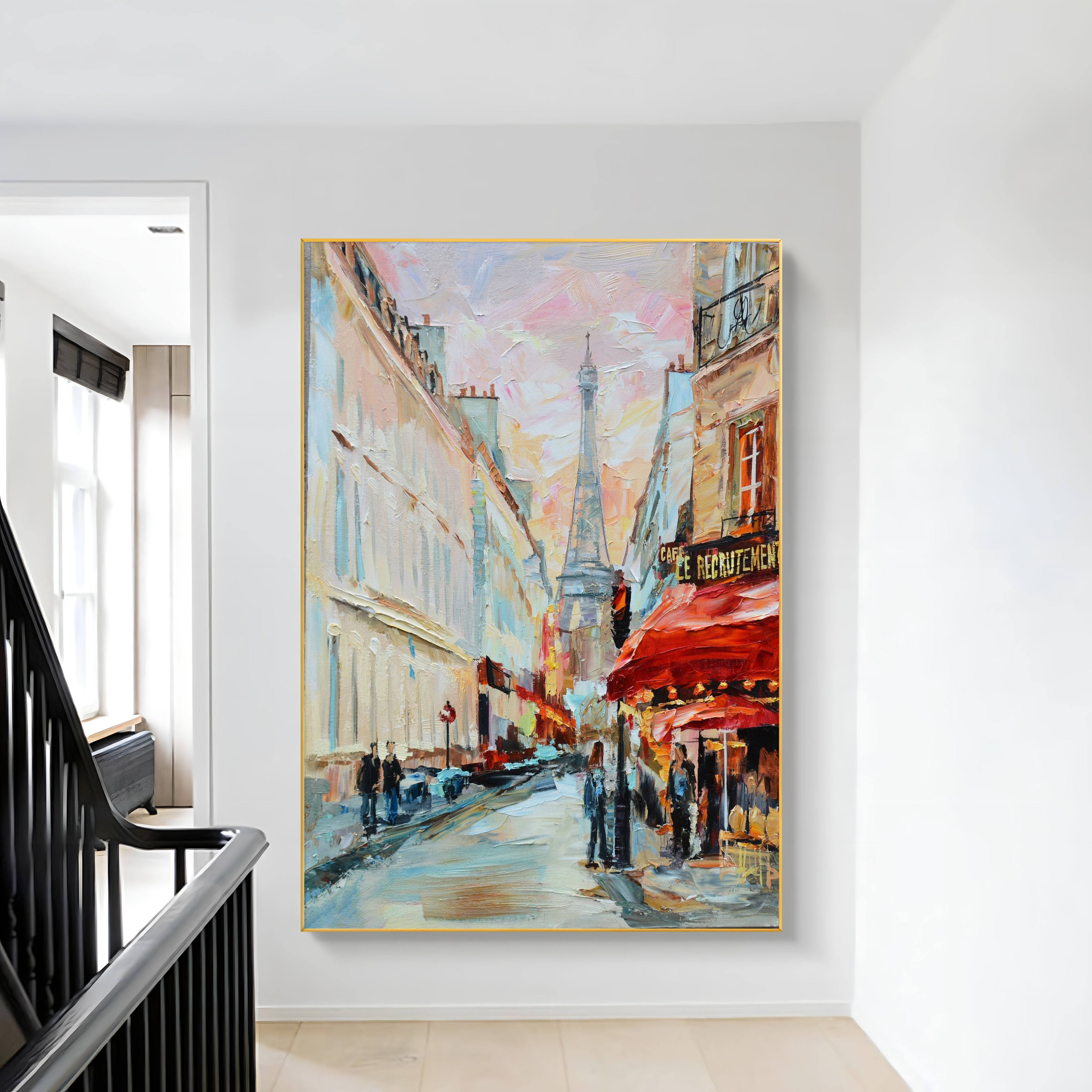 a painting hanging on a wall next to a stair case