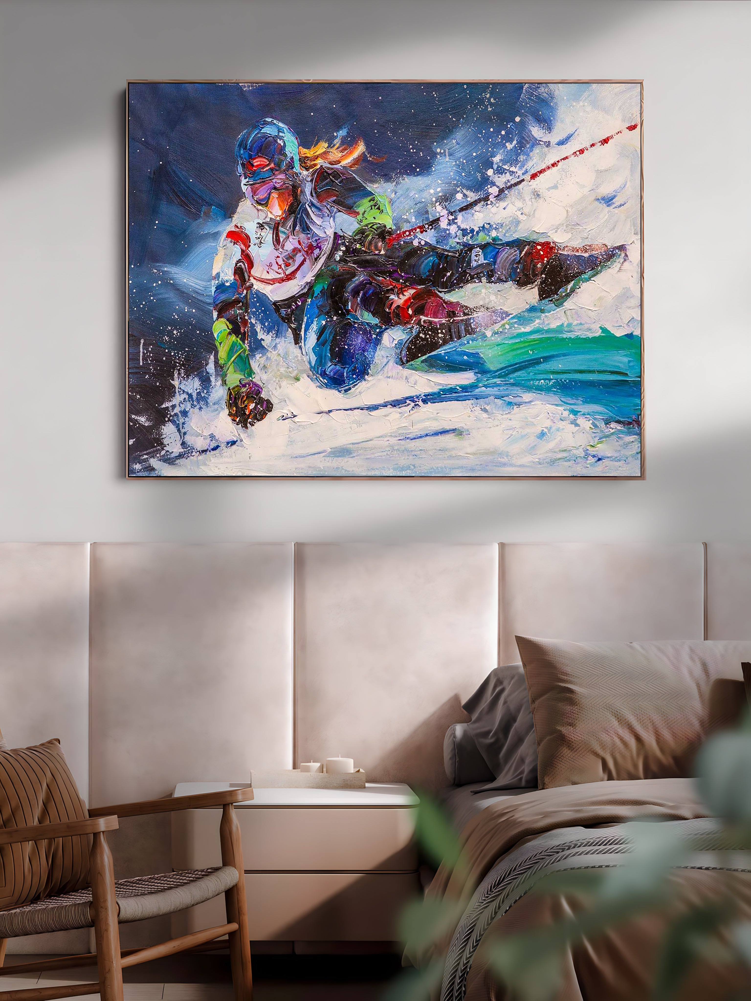 a painting of a person skiing in the snow