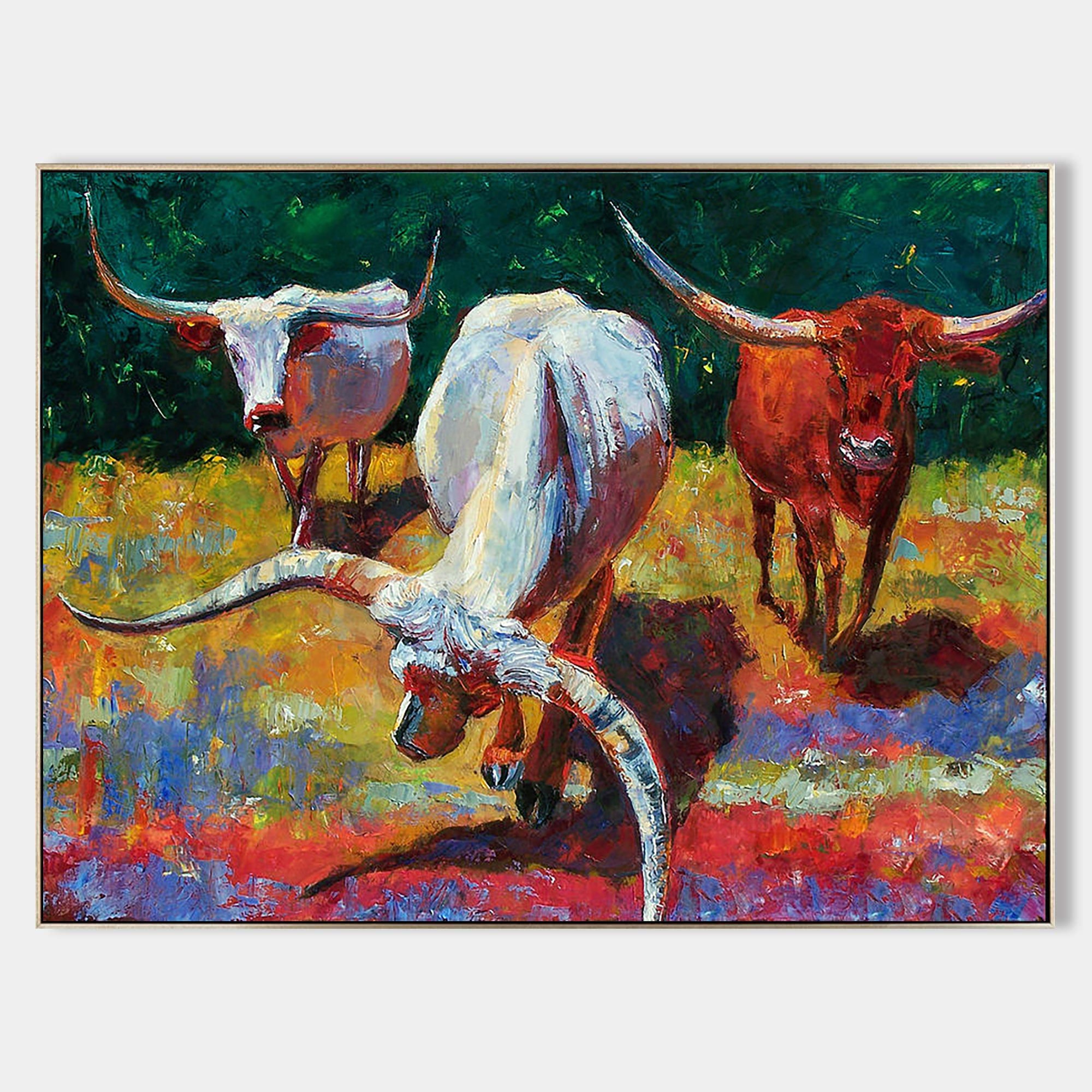 a painting of two longhorn bulls in a field