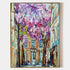 a painting of a city street with trees in bloom