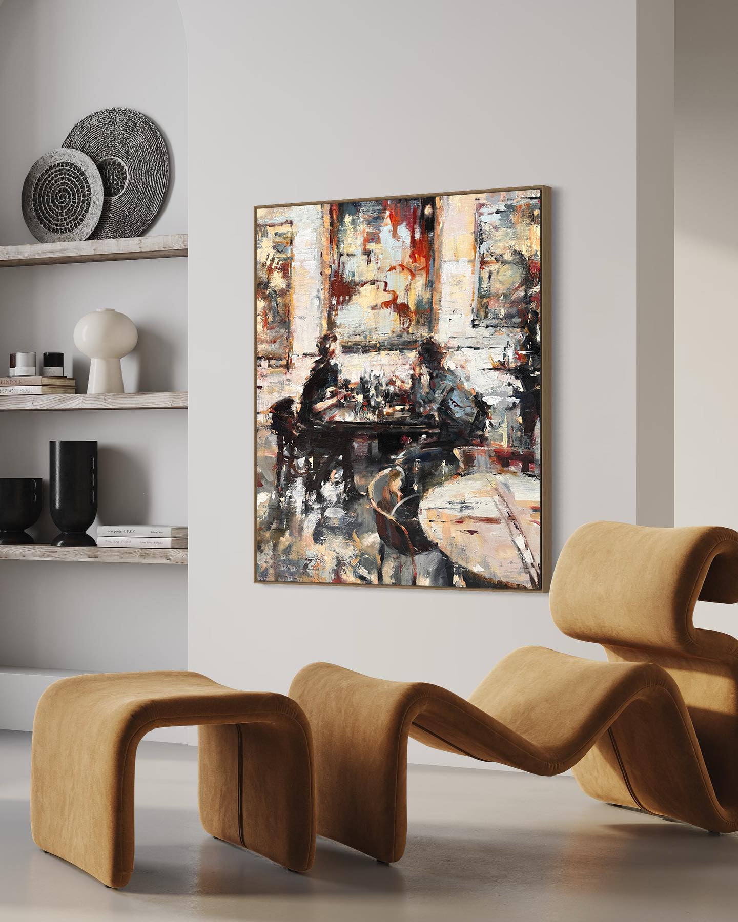 a painting hanging on the wall of a living room
