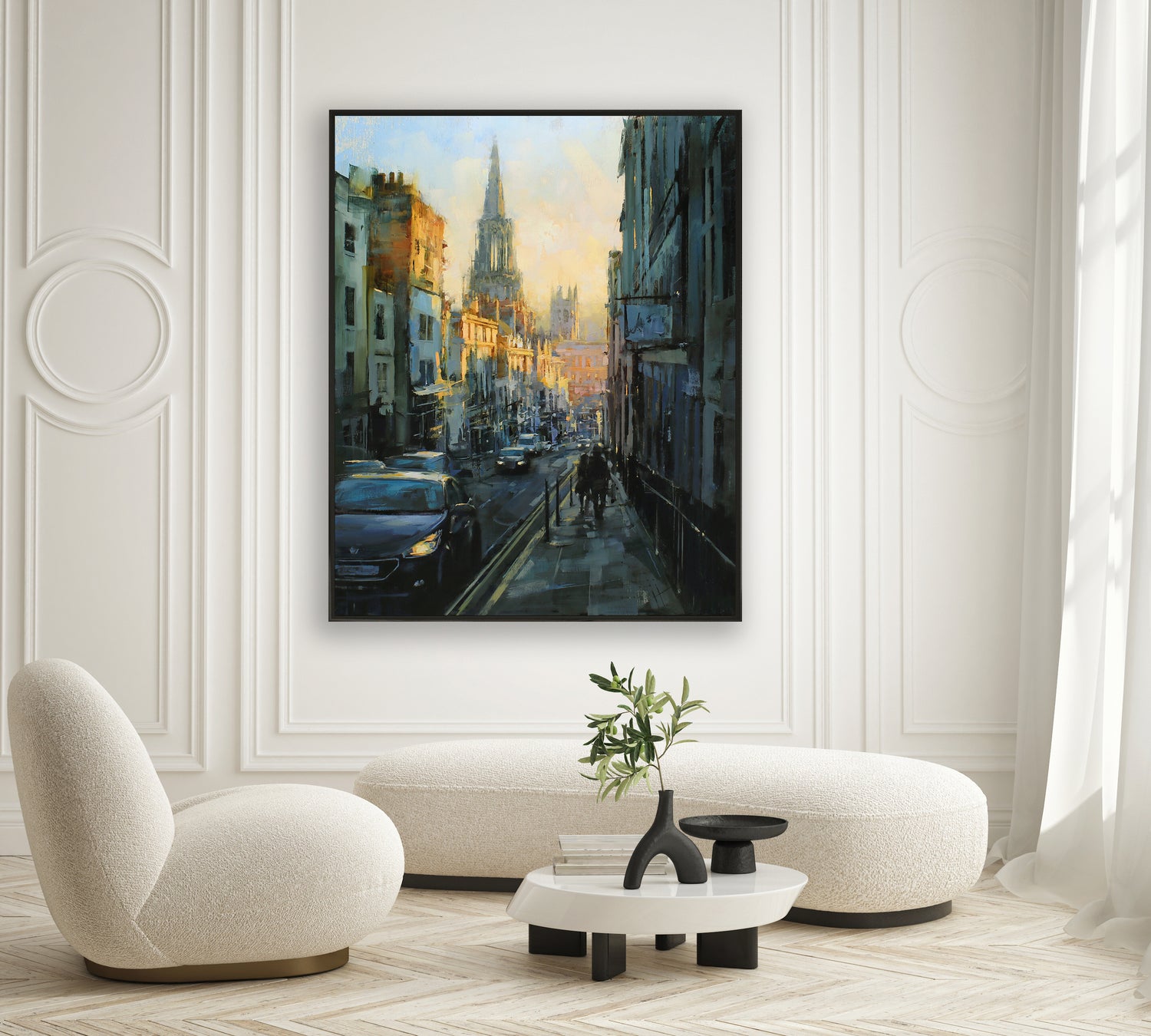 a painting of a city street in a living room