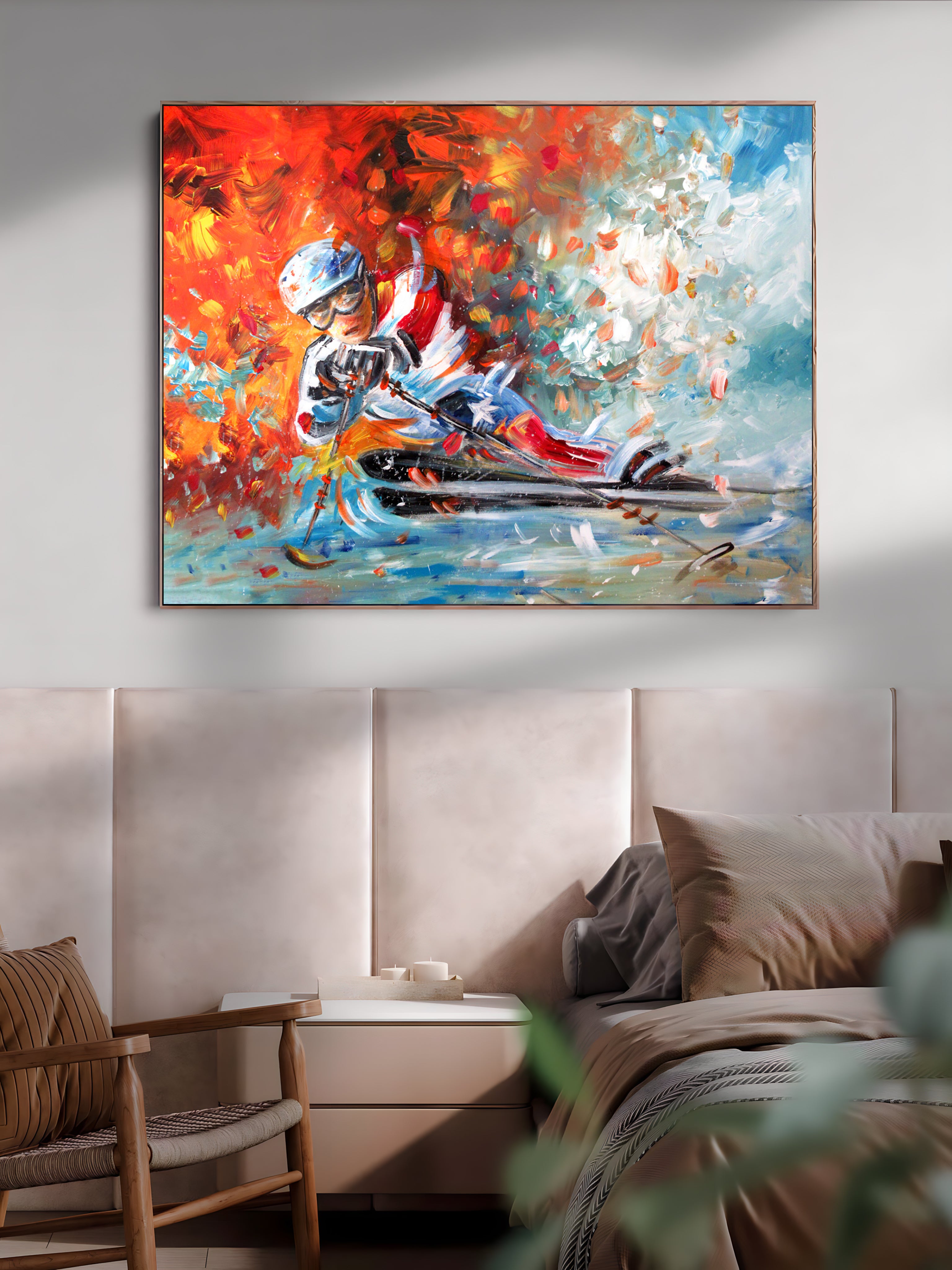 a painting of a person riding a jet ski