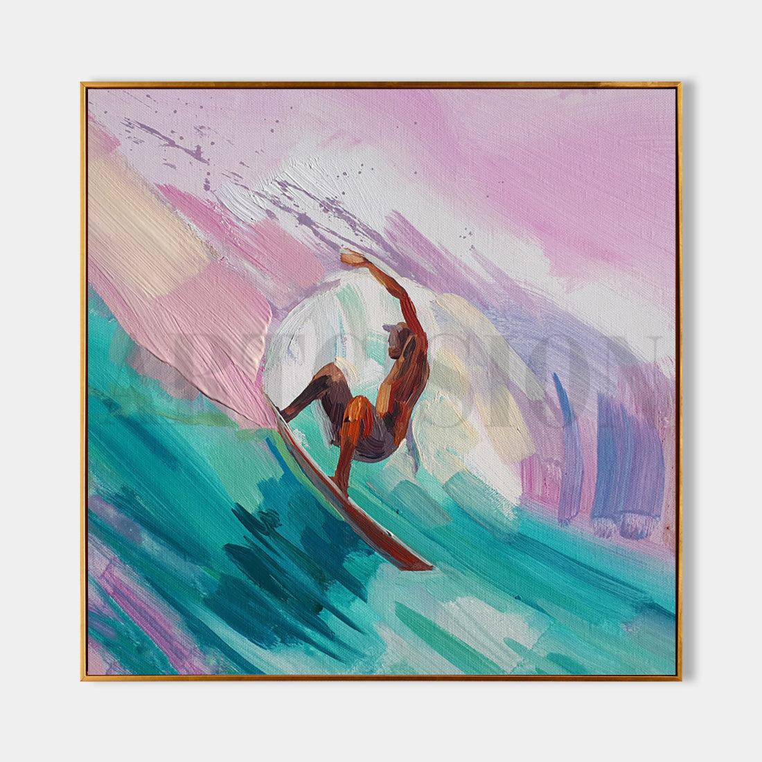 a painting of a surfer riding a wave