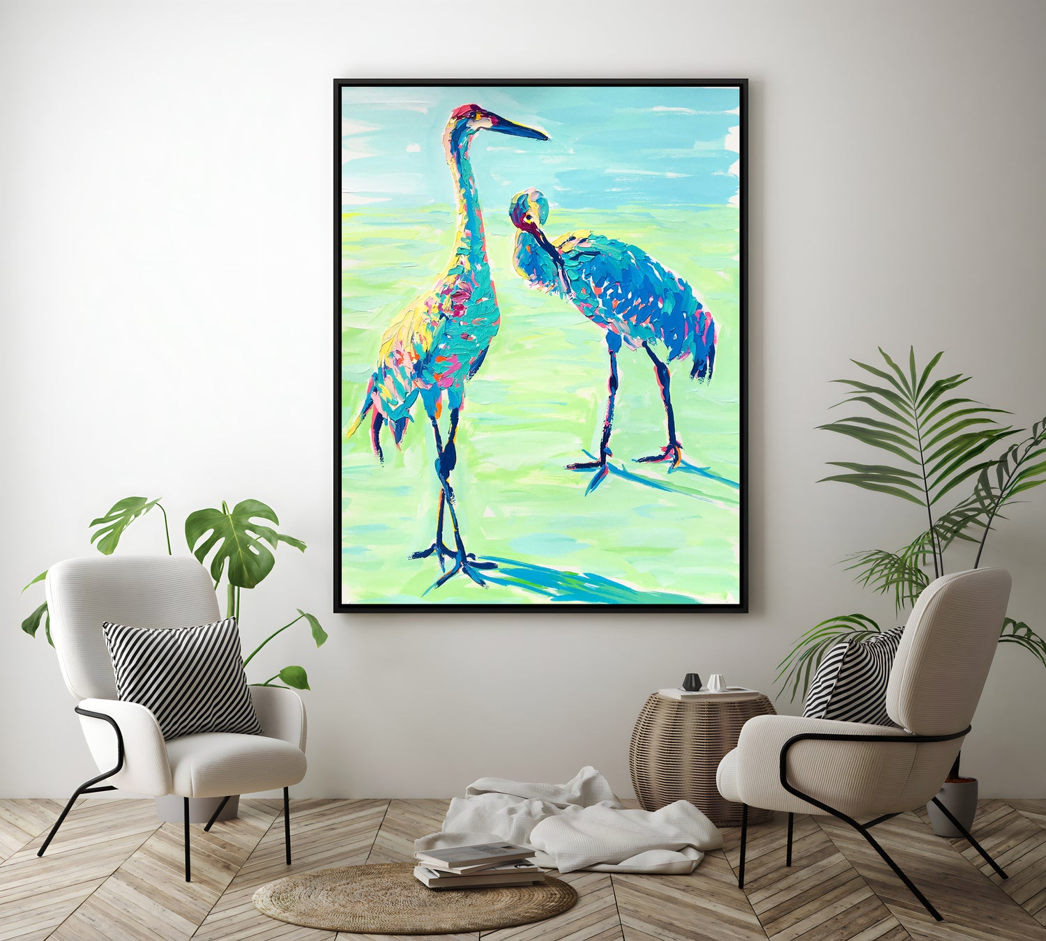 a painting of two birds standing next to each other