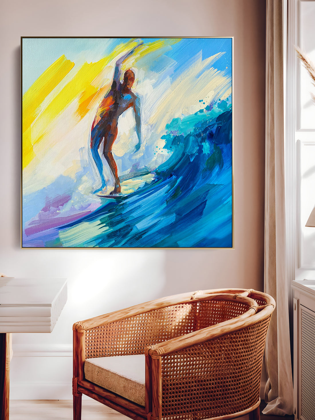 a painting of a man surfing on a wave