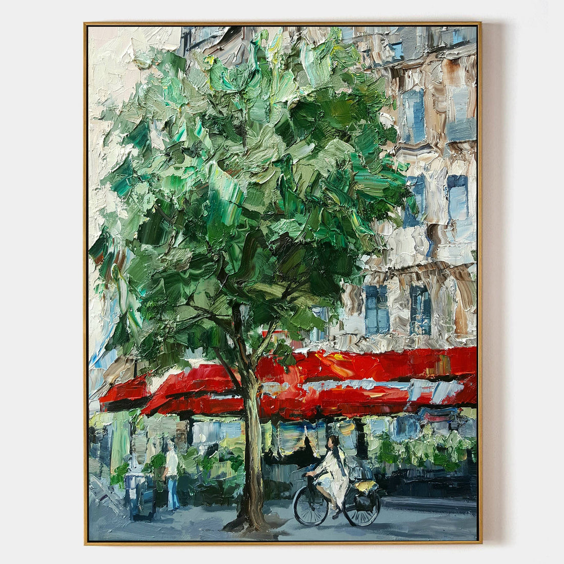 a painting of a man riding a bike under a tree