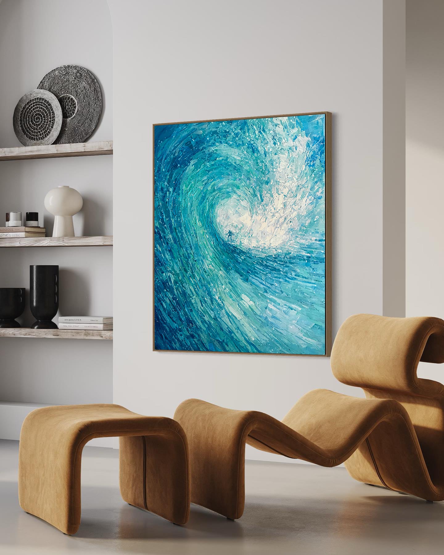 a painting of a blue wave in a living room