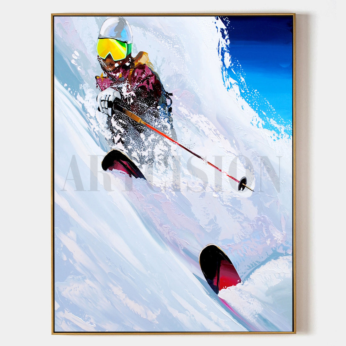 a painting of a person skiing down a mountain