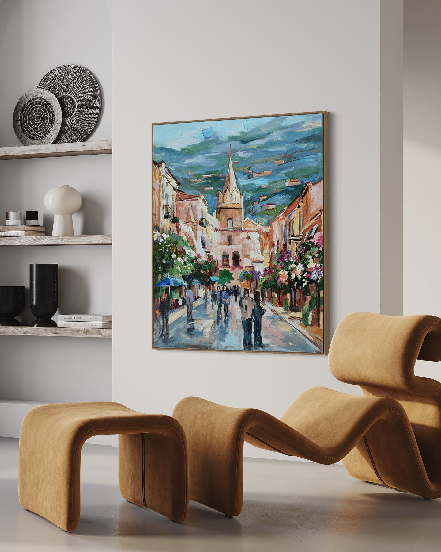 a painting of people walking down a street