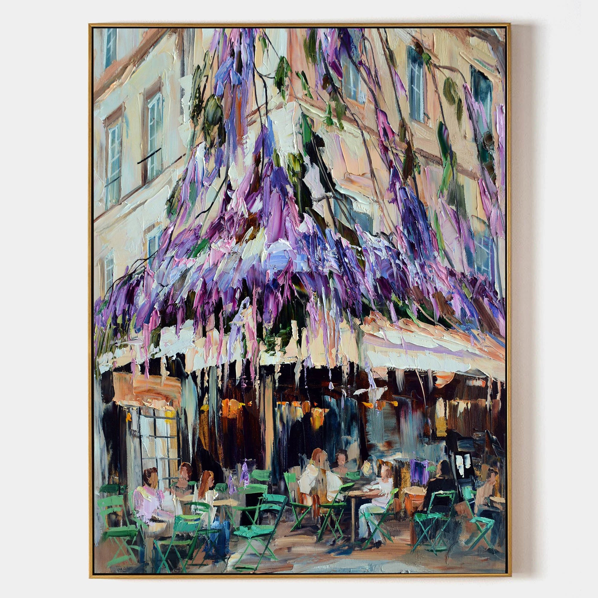 a painting of people sitting at a table outside a restaurant