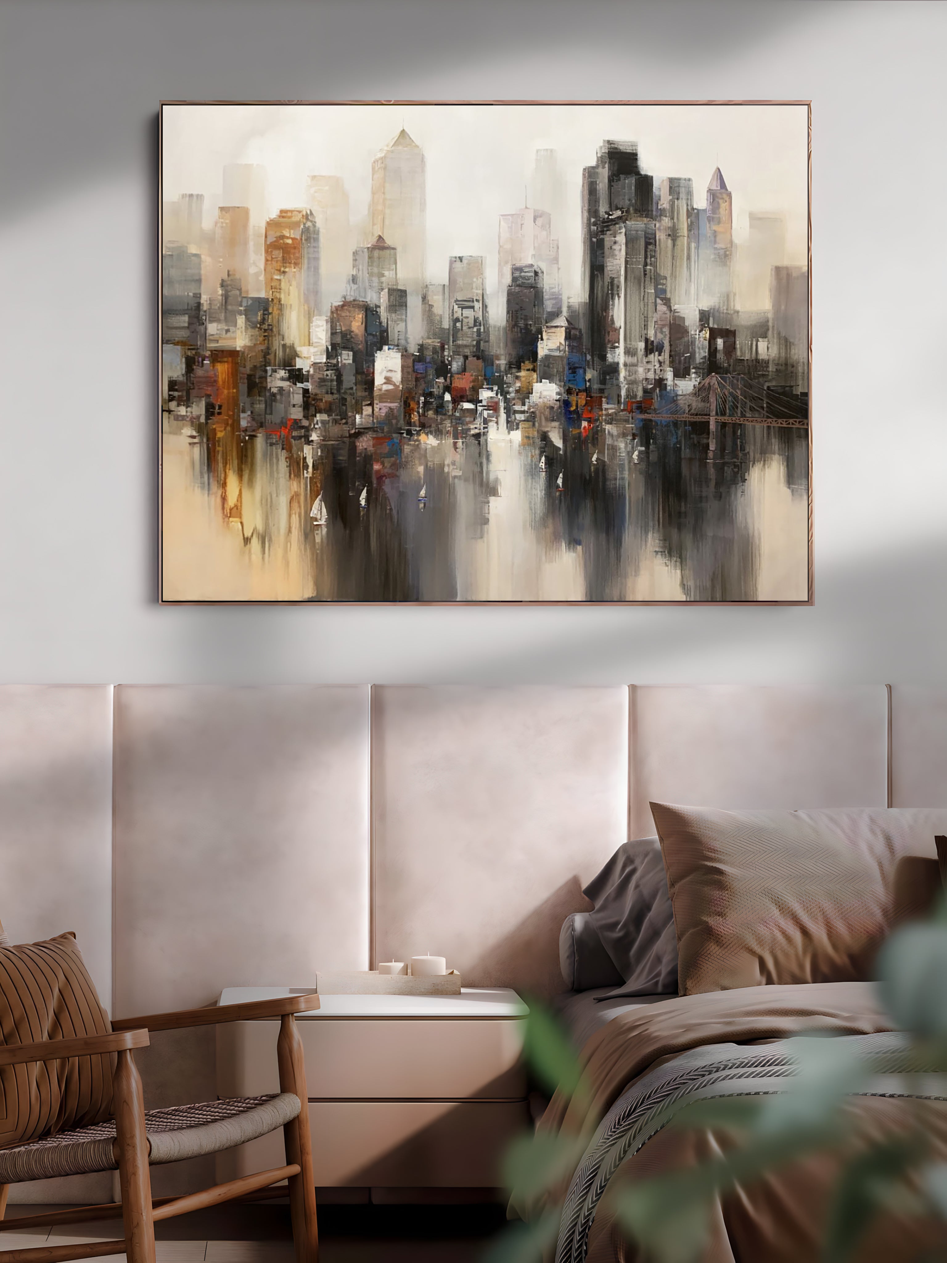 a painting of a cityscape hangs above a bed