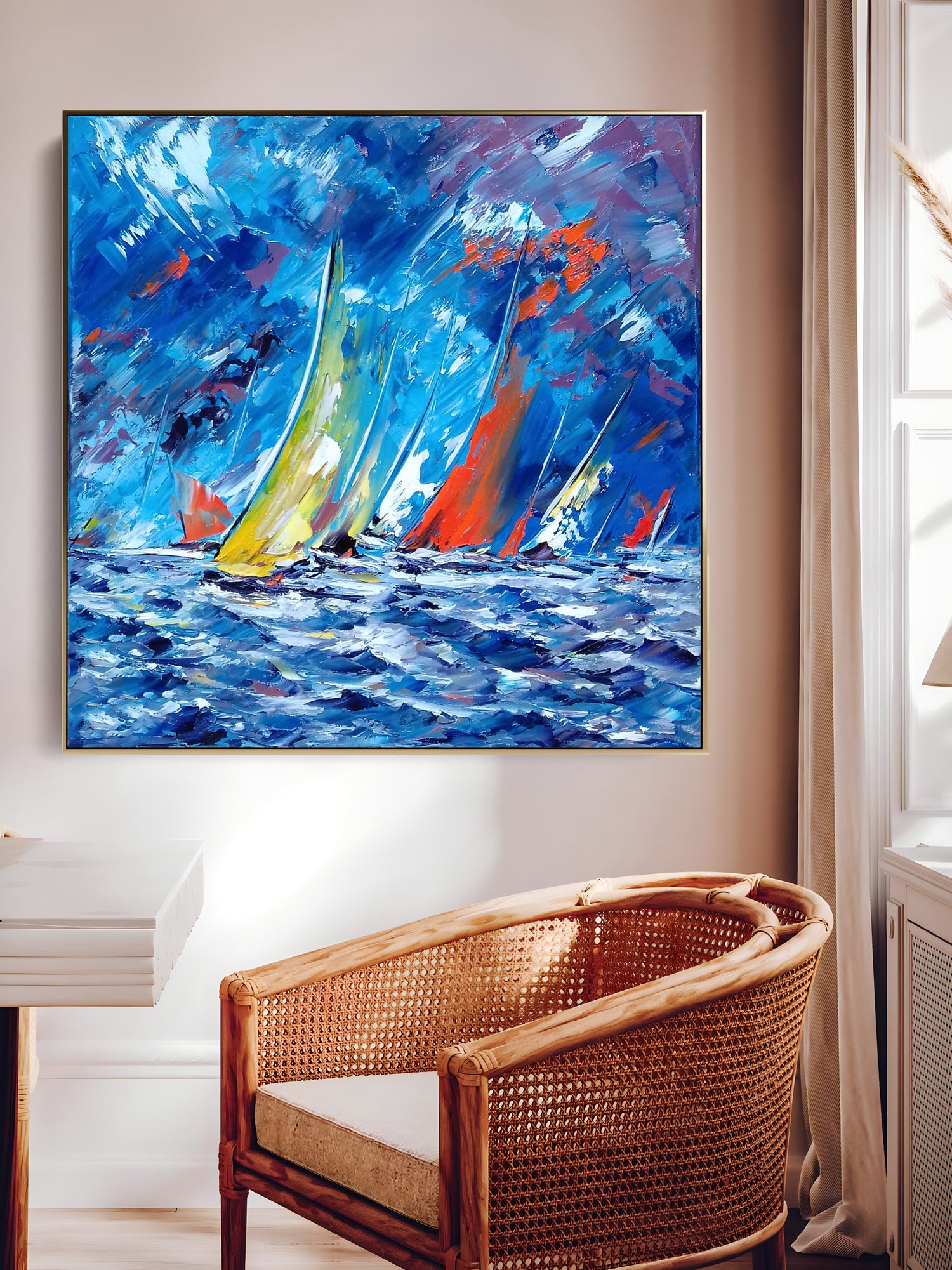 a painting of sailboats sailing in the ocean