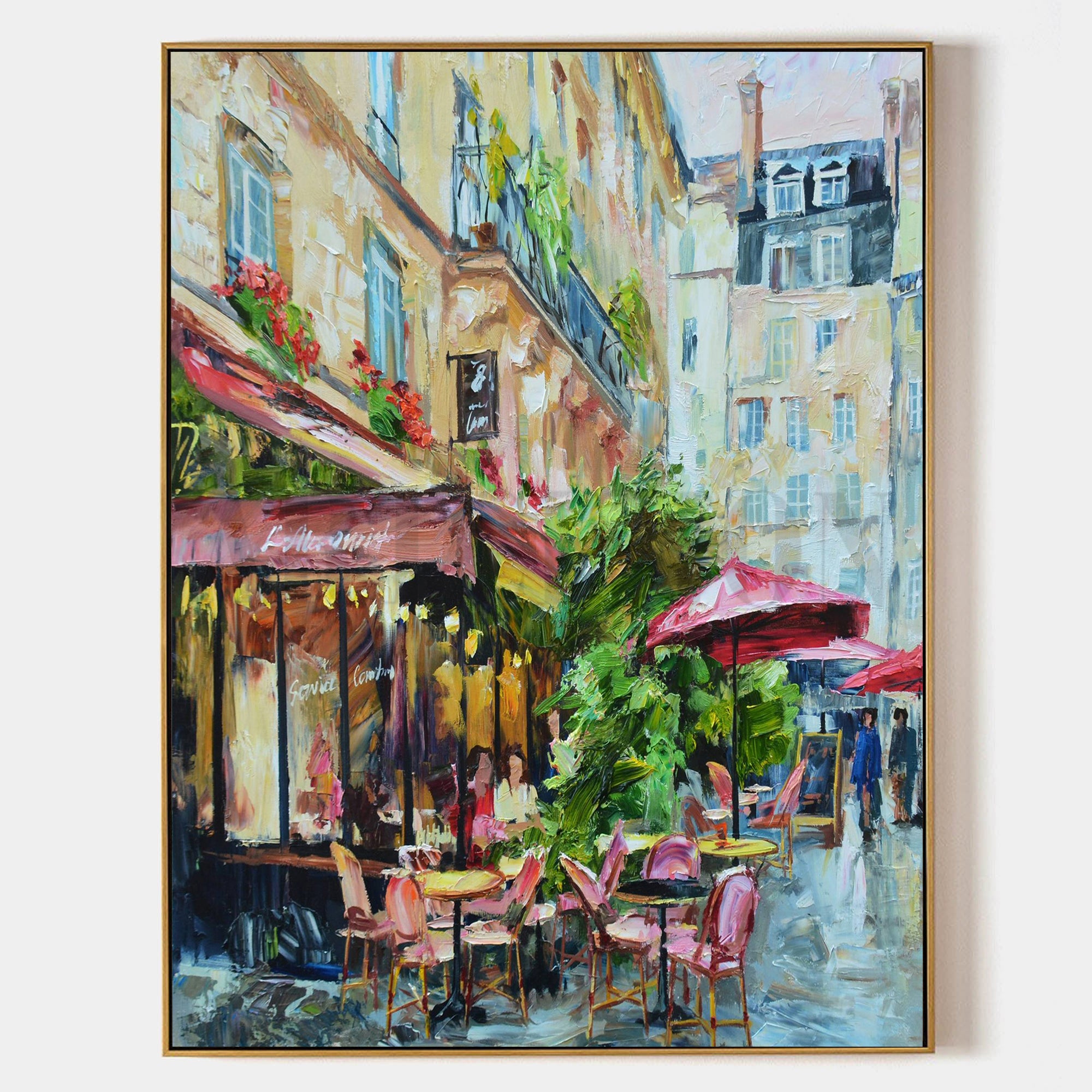 a painting of a cafe in a city