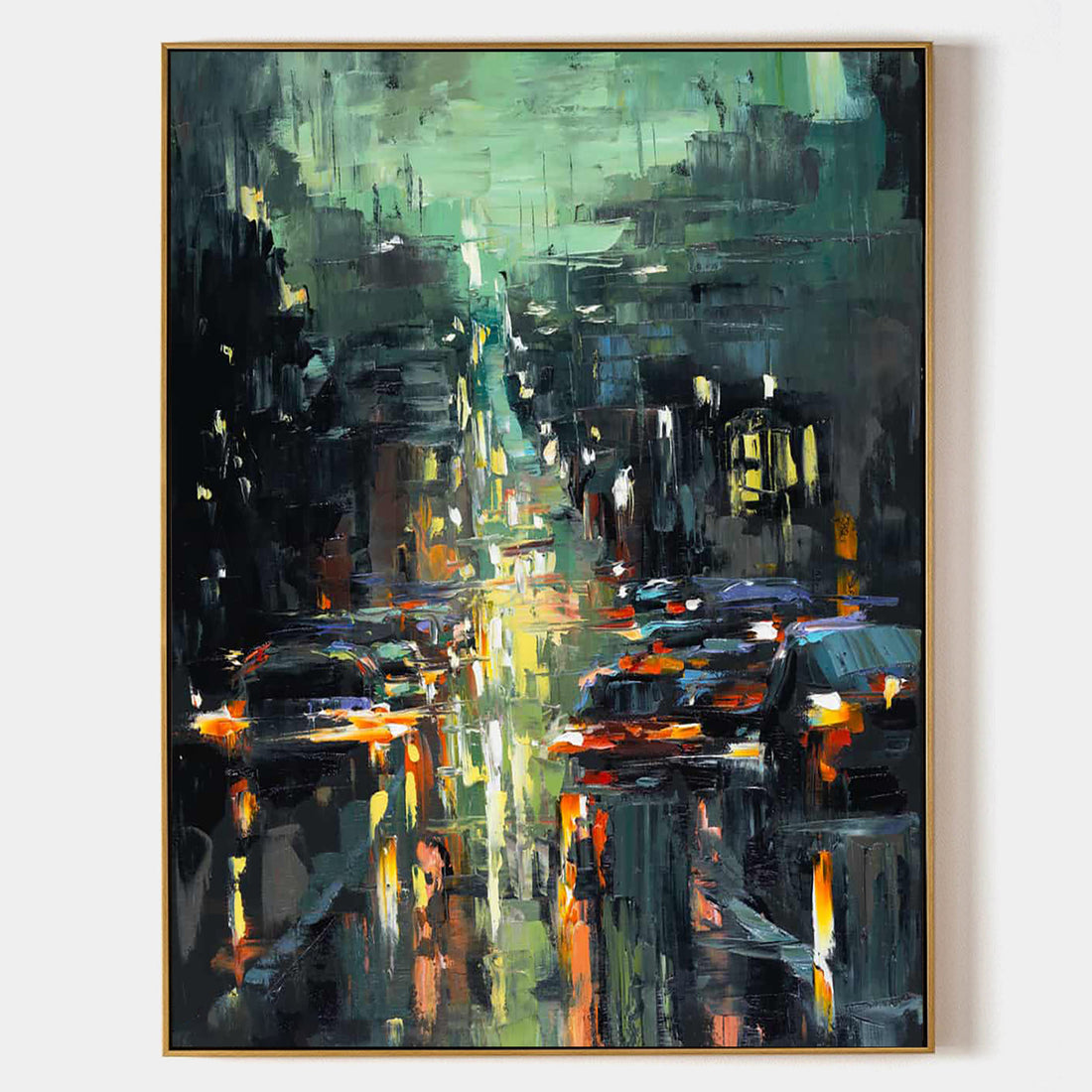 a painting of a city street filled with traffic