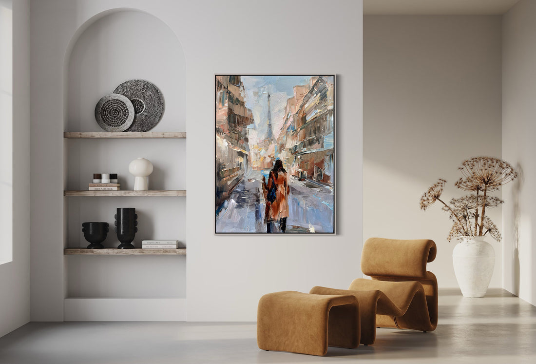 a painting of a woman walking down a city street