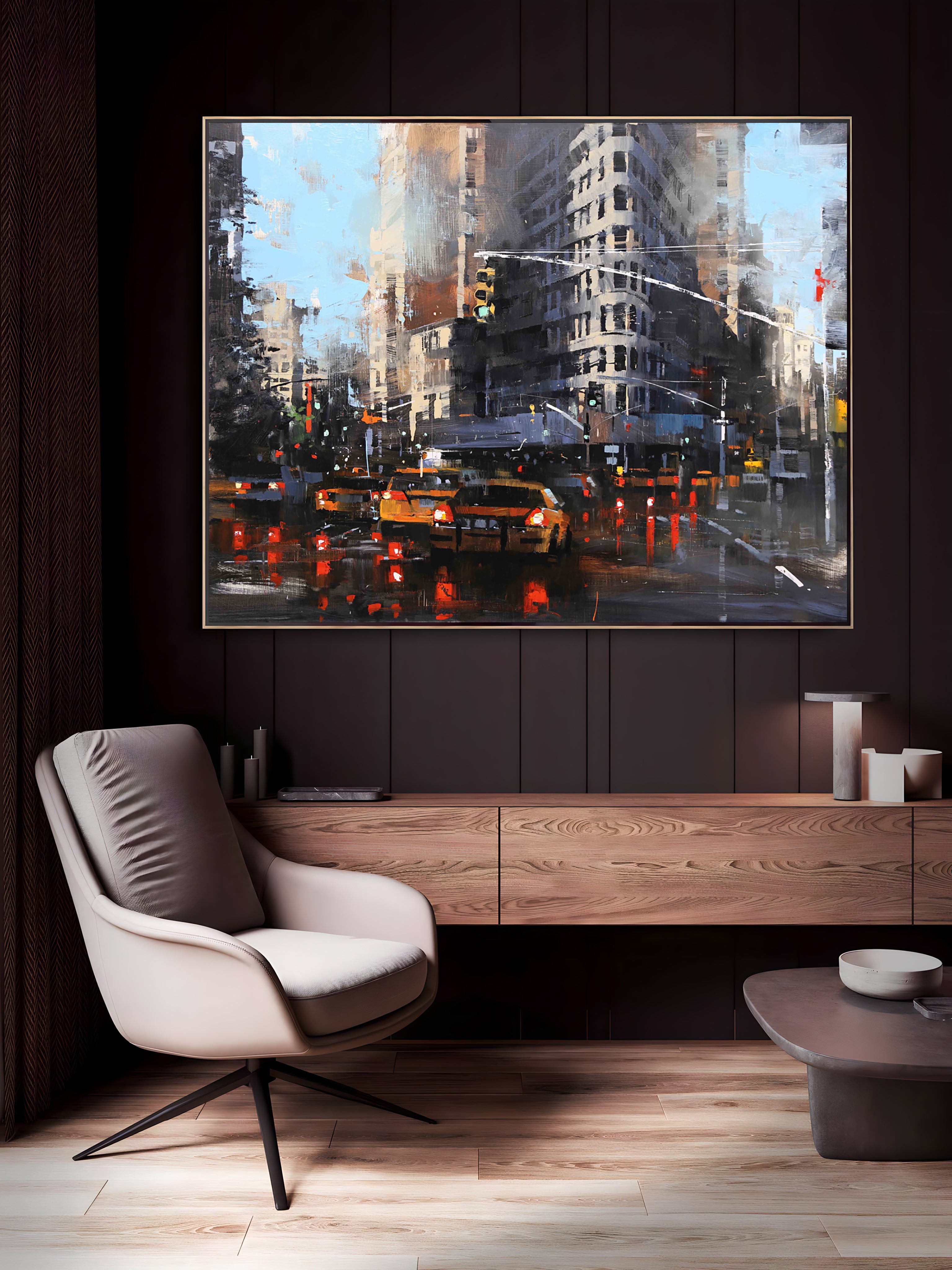 a painting of a cityscape in a living room