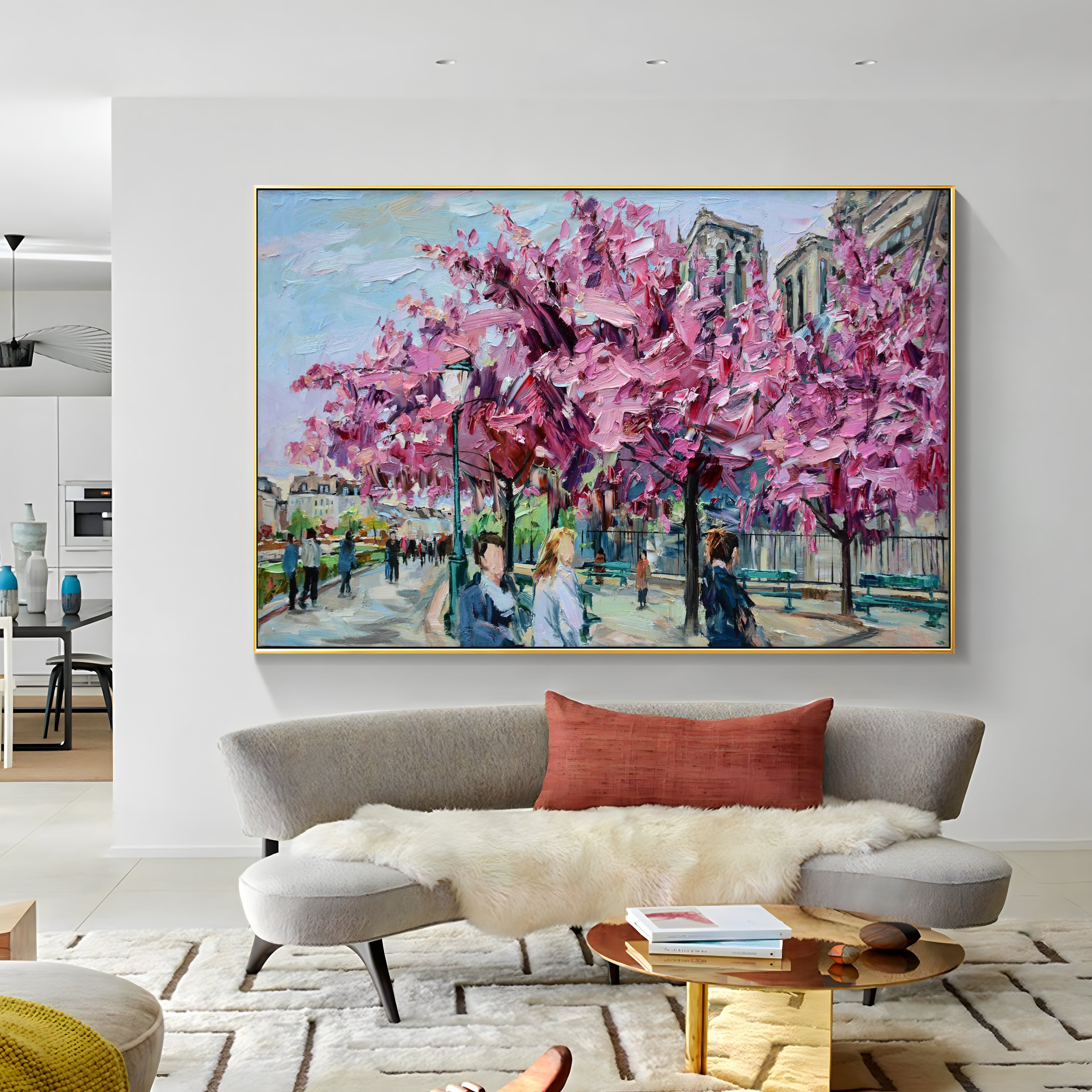 a painting hanging on the wall of a room