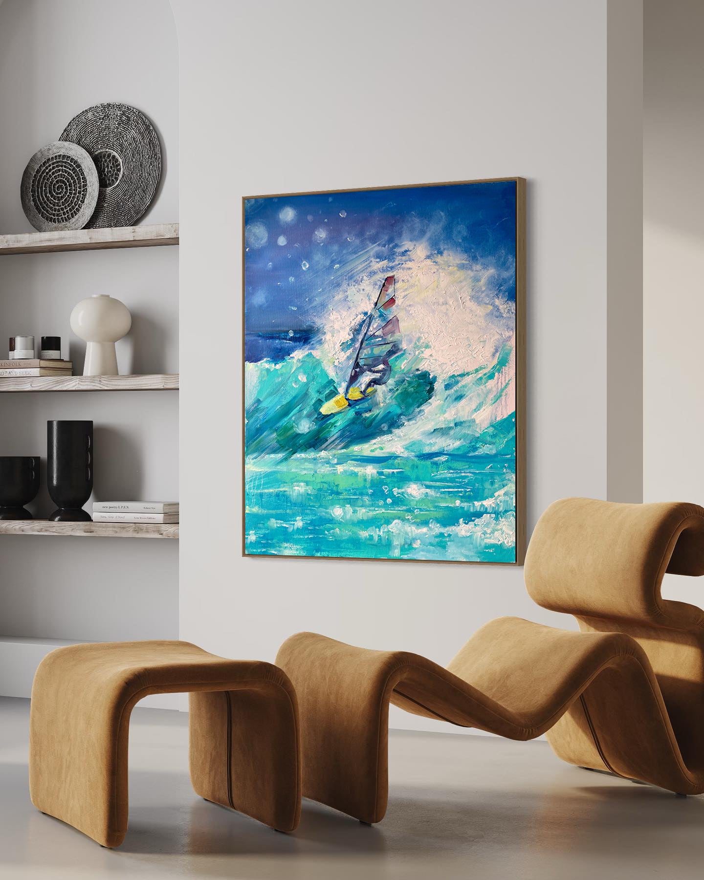 a painting of a sailboat on a wave in the ocean