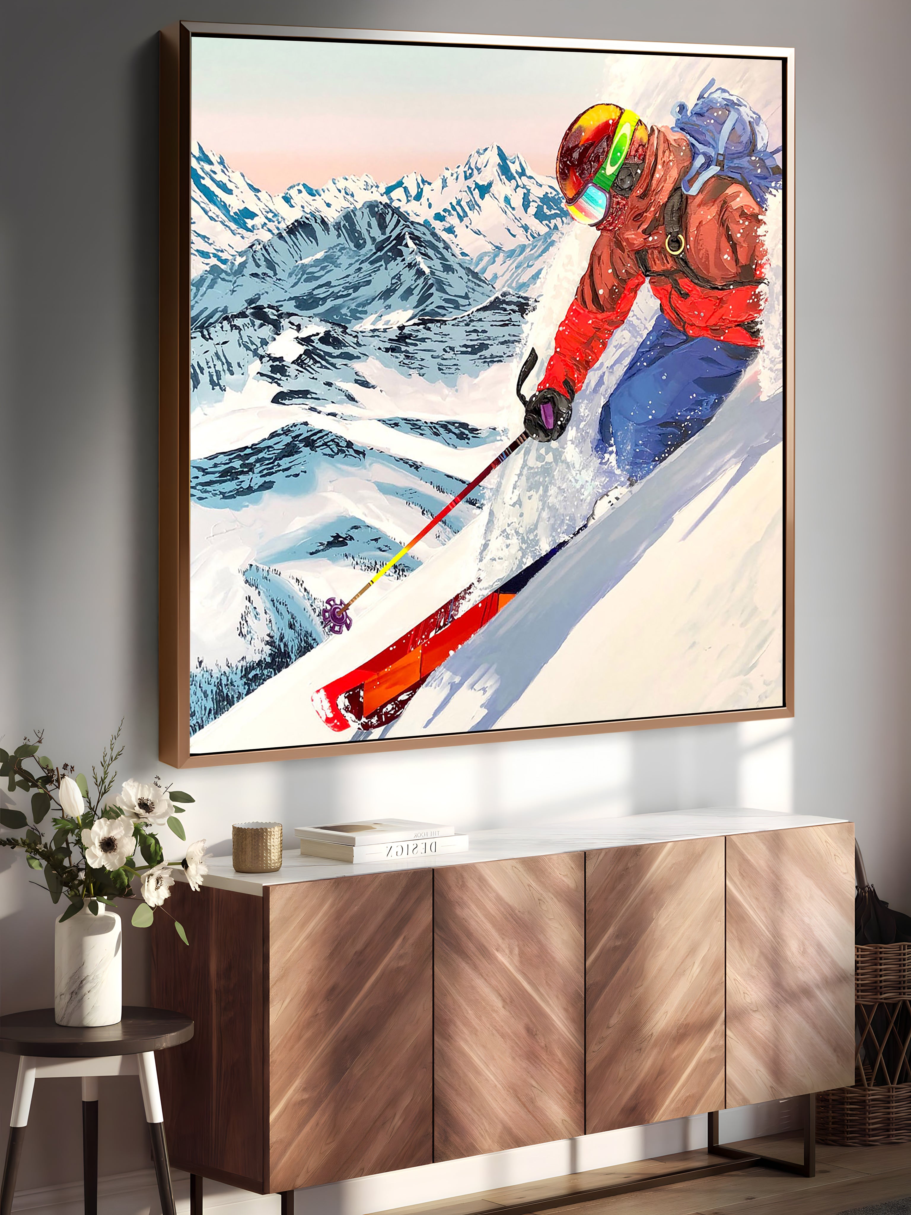 a painting of a person skiing on a mountain