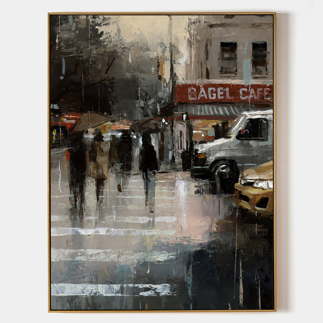 a painting of people walking in the rain