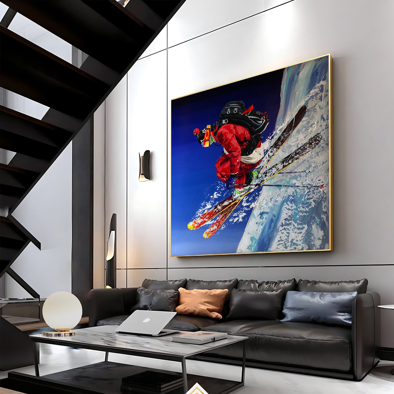 a living room with a couch and a painting on the wall