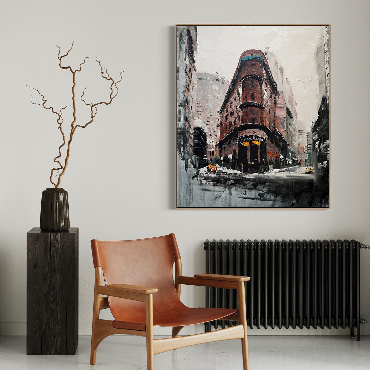 a chair and a vase in a room