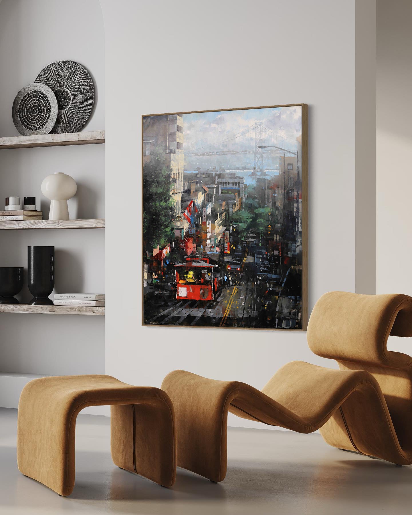 a living room with a painting on the wall