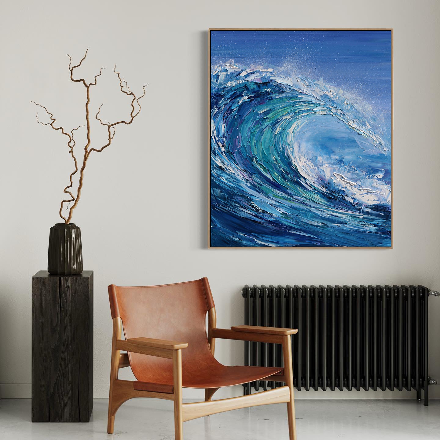 a painting of a wave in a room